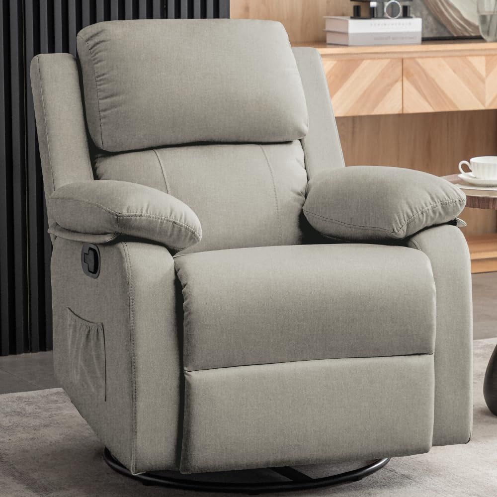 Recliner Chair, 360 Swivel Rocker Chair for Adults, Small Rocking Recliner Chair for Small Spaces, Upholstered Fabric Glider Recliner Nursery Chair with Side Pockets for Living Room, Nursery-0