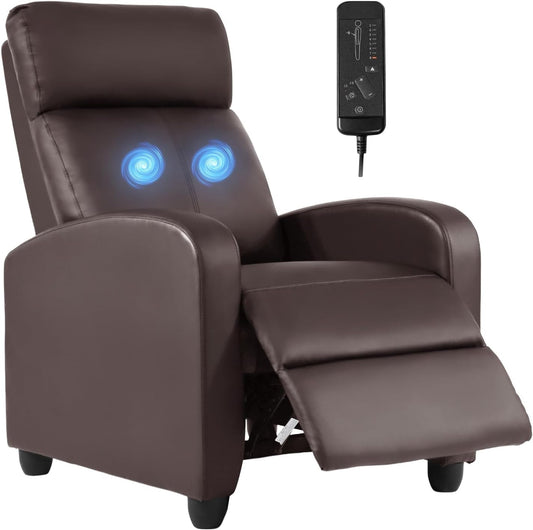 Recliner Chair Massage Chair Reading Chair Reclining Sofa Home Theater Seating with Lumbar Support Massage and Padded Backrest for Living Room and Bedroom (Leather, Brown)-0