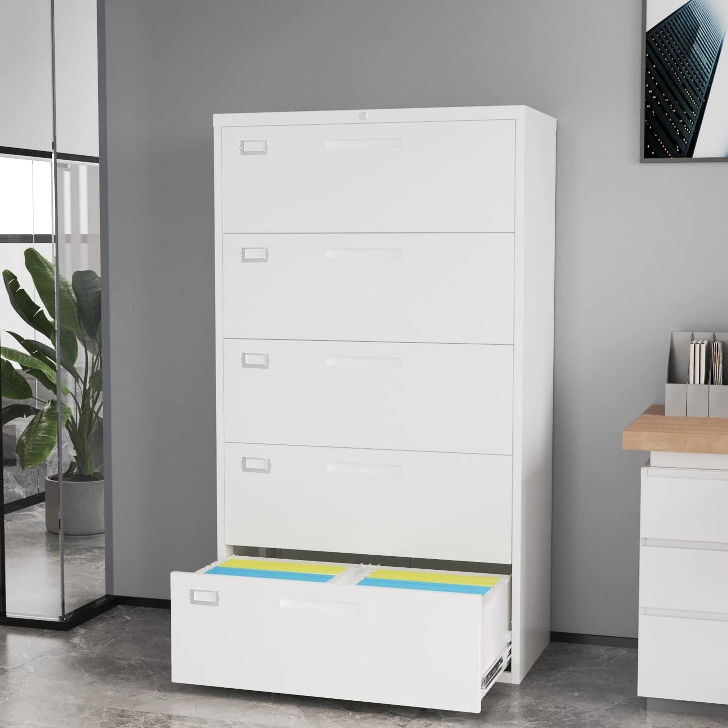 Lateral File Cabinet with 5 Drawers - White Metal Steel Filling Cabinets for Home Office - Lockable Storage Cabinet for Hanging Files Letter/Legal/F4/A4 Size-Assembly Required-4