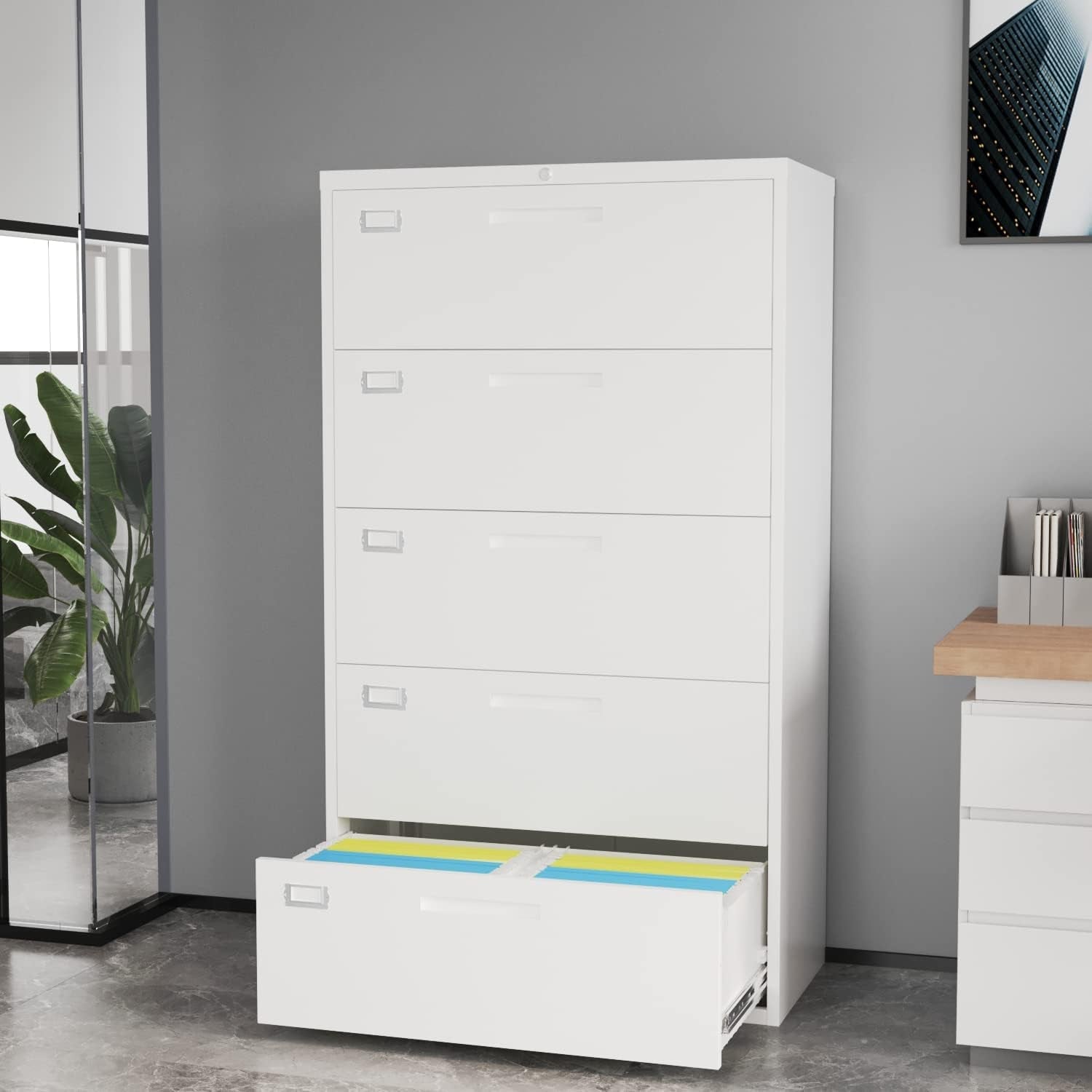 Lateral File Cabinet with 5 Drawers - White Metal Steel Filling Cabinets for Home Office - Lockable Storage Cabinet for Hanging Files Letter/Legal/F4/A4 Size-Assembly Required-4