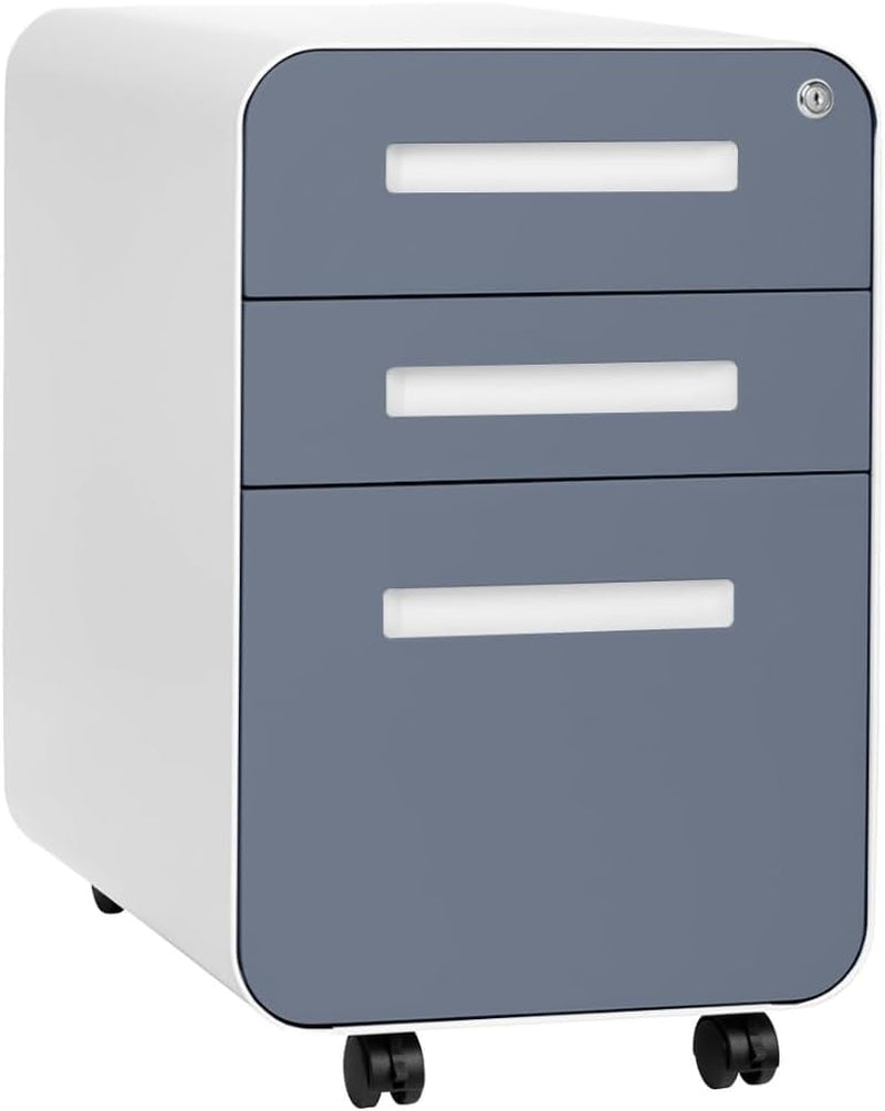 Stockpile 3 Drawer File Cabinet with Lock - under Office Desk Metal Filing Cabinet, Legal/Letter File Folders, Wheels and Stationary Feet, Pre-Assembled, Coastal Blue-0