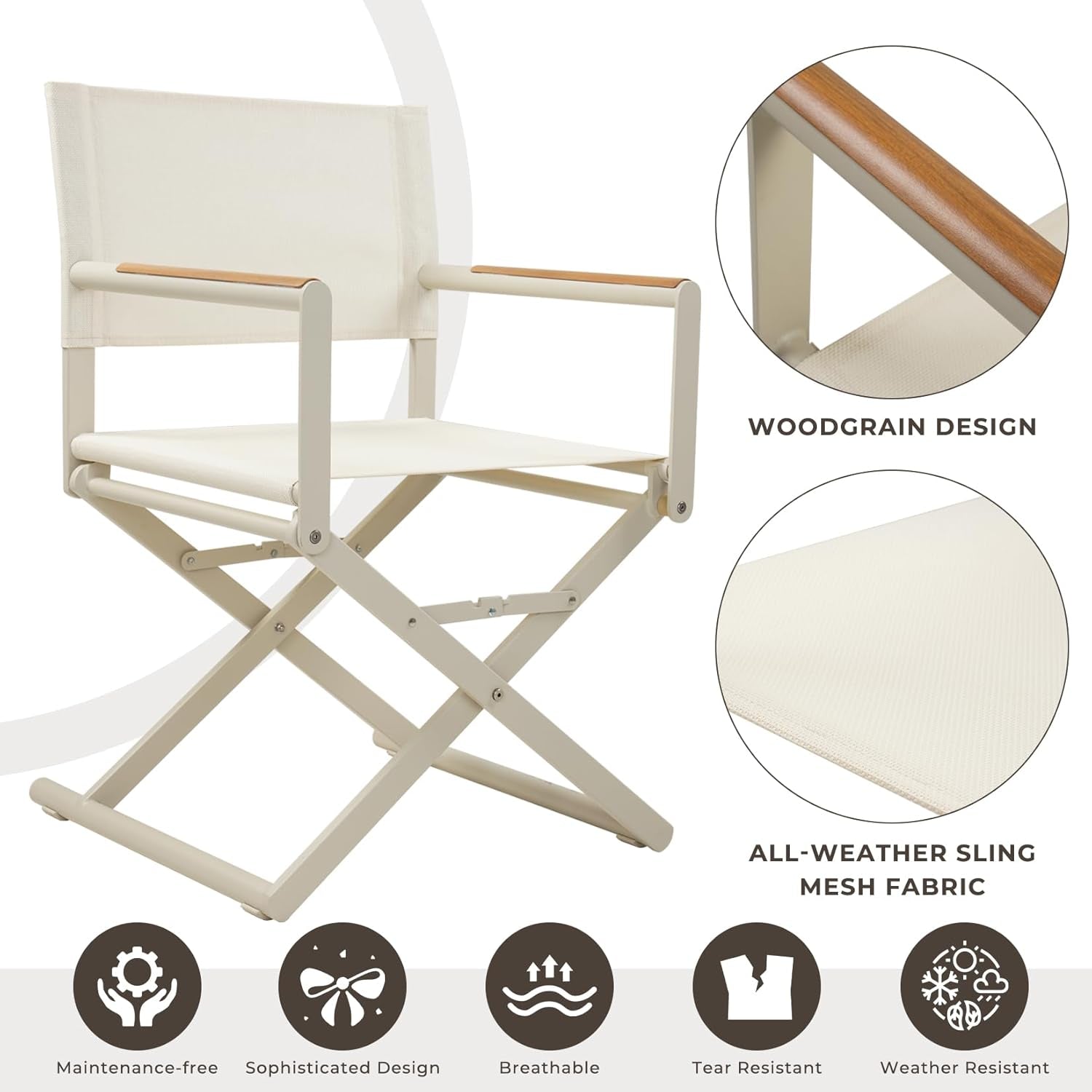 11-Piece Outdoor Dining Set, 10 Extra-Wide Folding Chairs & 1 Rectangle Expandable Table for 6-8 Person, Sling Mesh Patio Chairs with Wood Grain Table for Yard, Poolside, Deck, Apricot-2