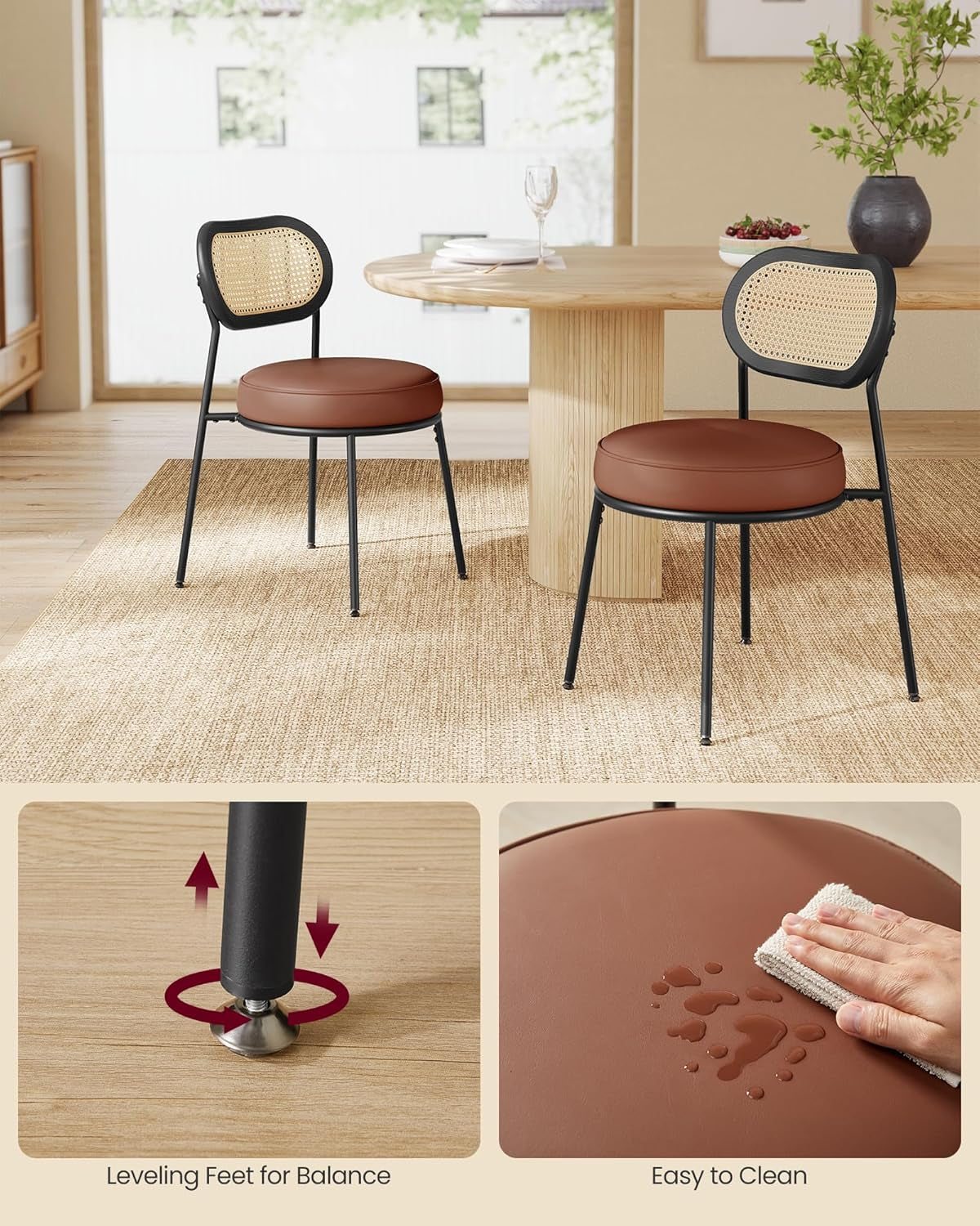 Dining Chairs, Set of 4 Dining Room Chairs with Boho PE Rattan Back, Synthetic Leather Upholstered Accent Chairs for Kitchen Living Room, Coffee Brown ULDC160K24-4