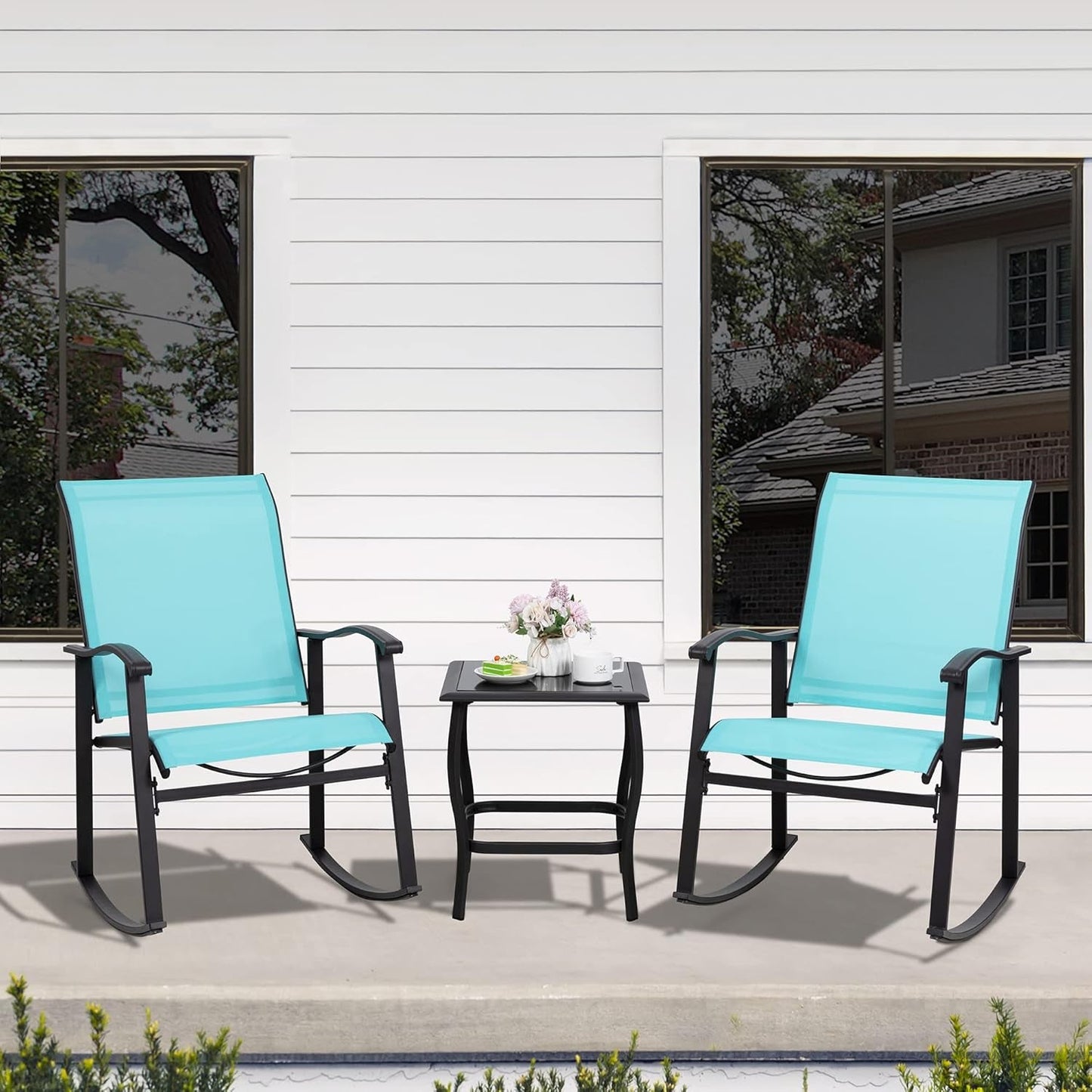 3 Piece Rocking Bistro Set, Outdoor Furniture with Rocker Chairs and Glass Coffee Table Set of 3, Balcony, Porch Furniture for Small Space, Blue-1