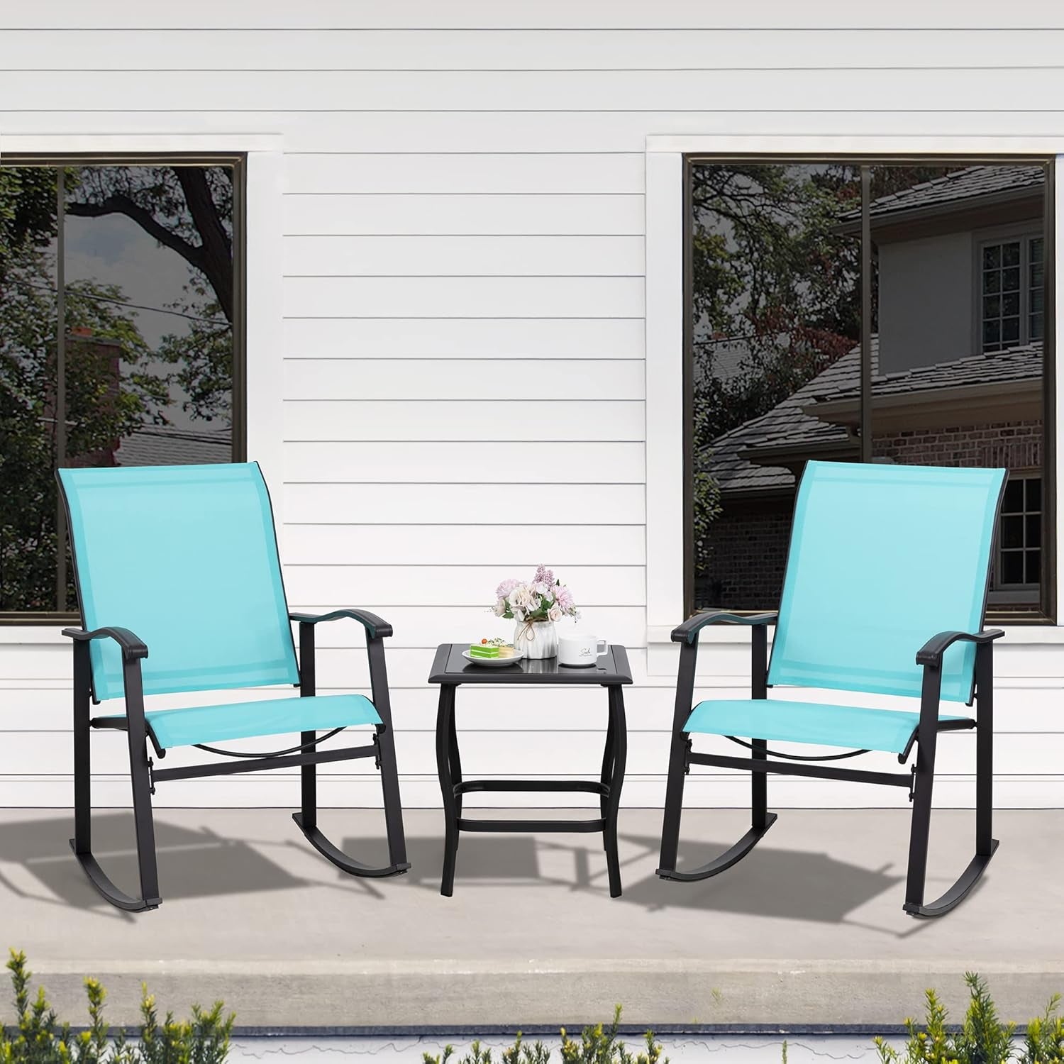 3 Piece Rocking Bistro Set, Outdoor Furniture with Rocker Chairs and Glass Coffee Table Set of 3, Balcony, Porch Furniture for Small Space, Blue-1
