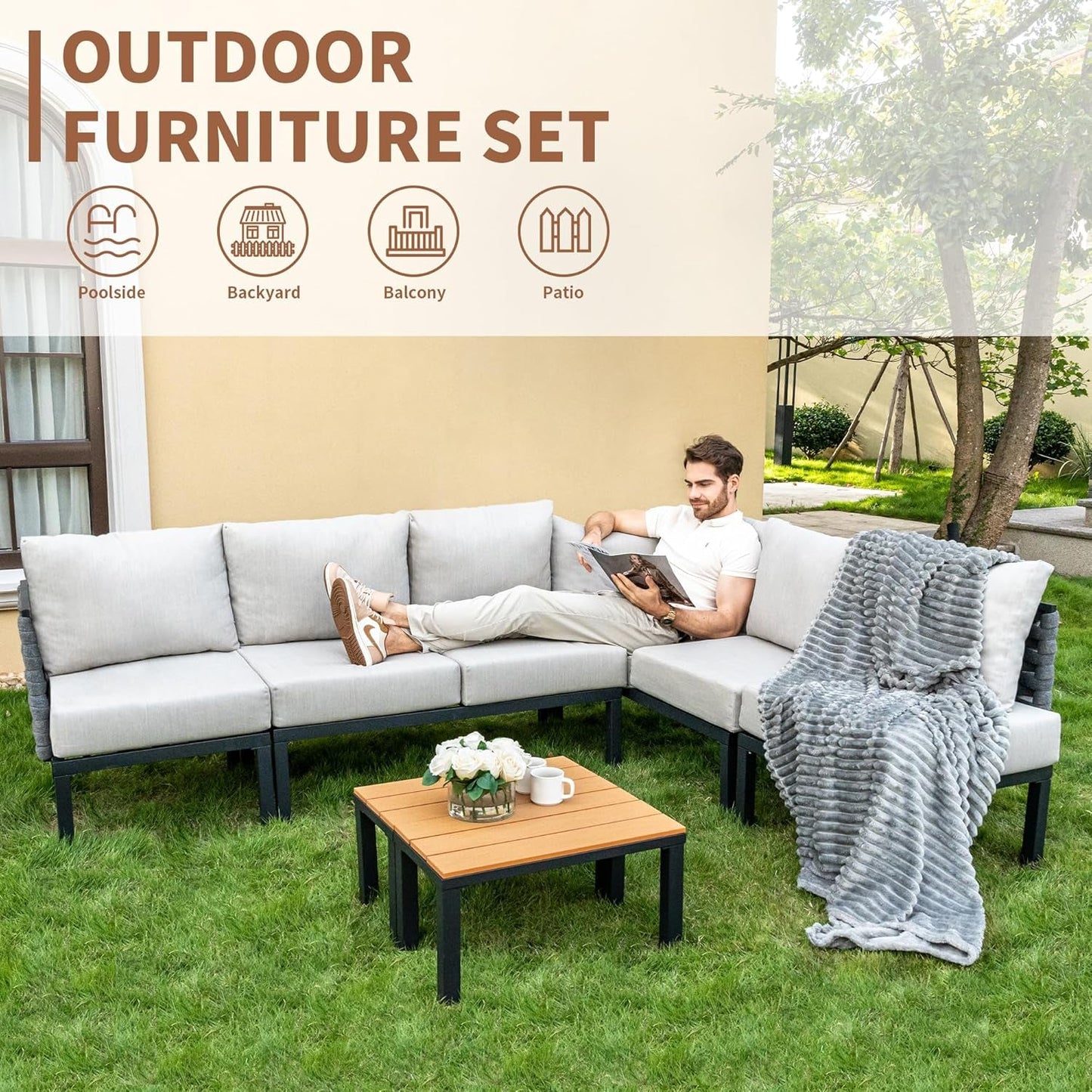 8 Pieces Patio Furniture Set Convertible Outdoor Furniture Set W/ 6" Ultra Thick Cushions and 2 Coffee Tables, All-Weather Sectional Sofa Couch, Beige-1