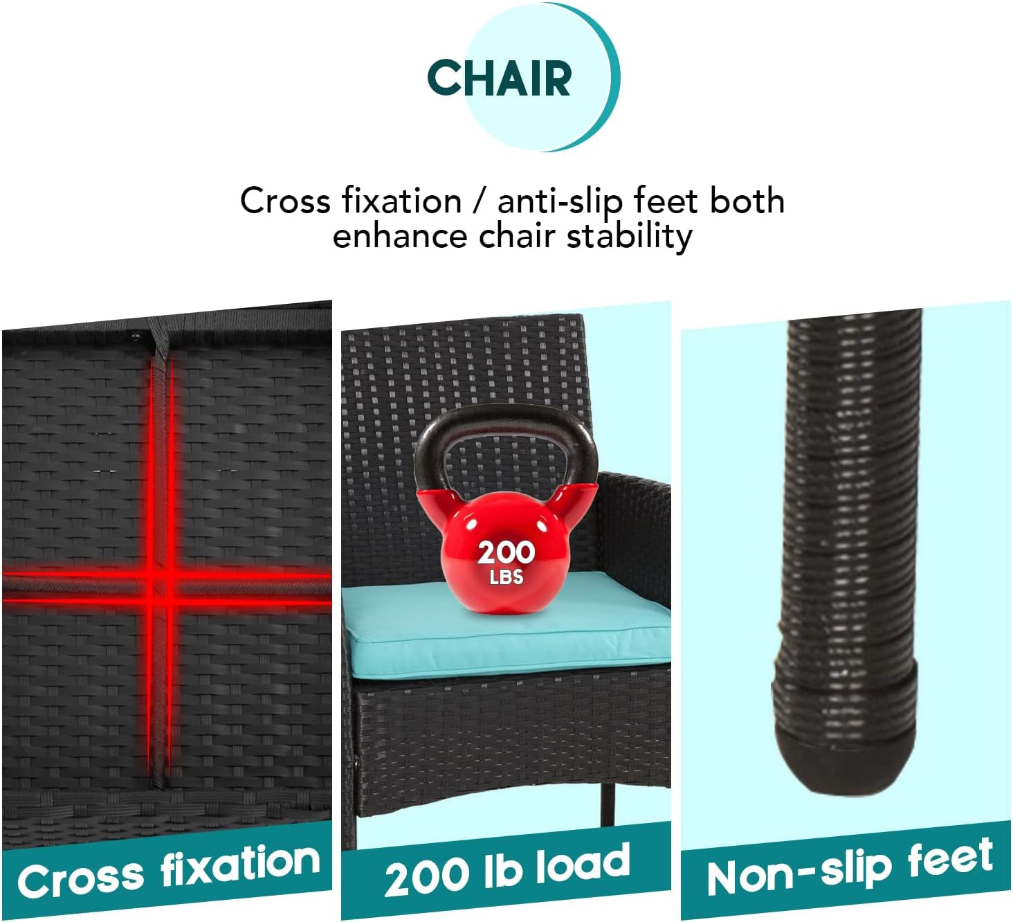 3 Piece Outdoor Furniture Set Patio Wicker Chairs Furniture Bistro Conversation Set 2 Rattan Chairs with Blue Cushions and Glass Coffee Table for Porch Lawn Garden Balcony Backyard-3