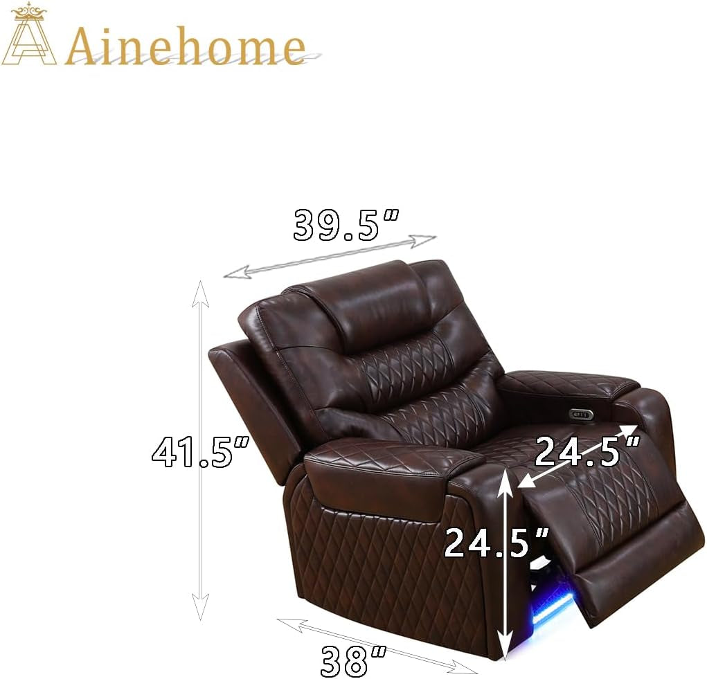 LED Power Recliner Sofa for Living Room Furniture Set, Leather Sectional Sofa Set, Recliner Chair Set Reclining Sofa and Loveseat with USB Port/Storage Console/Cup Holders(Dark Brown Chair)-1