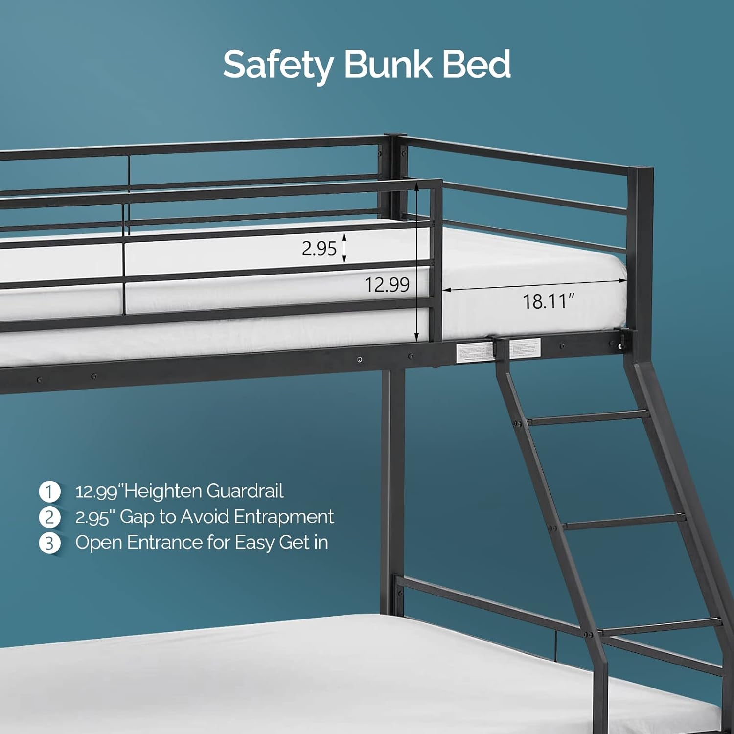 Bunk Beds Twin over Full Size for Kids Teens Adults/Flat Steps/Heavy Duty Metal Slat, Black-4