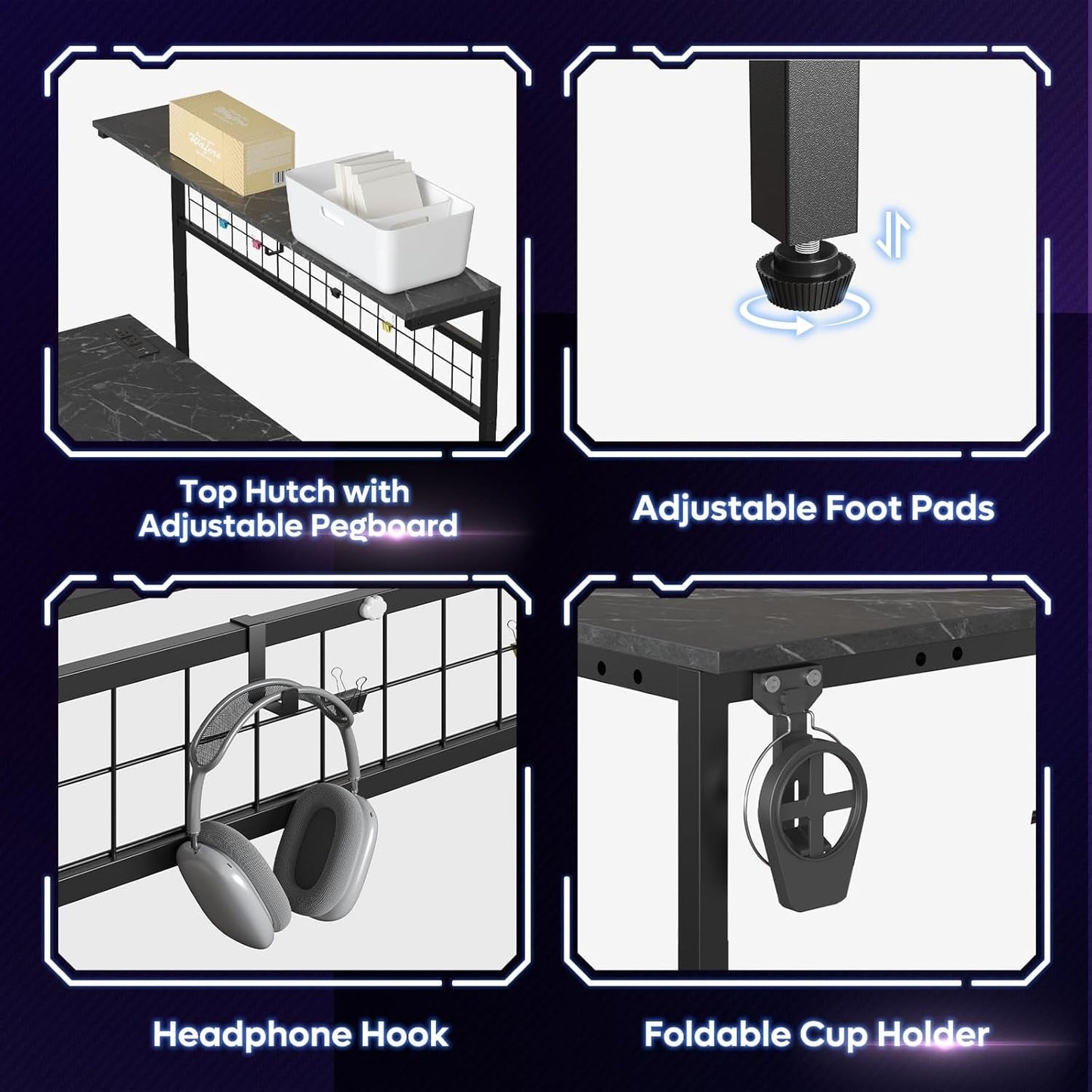 Gaming Desk 51" L-Shaped, with Power Outlets & LED Lights- 4 Tier Shelves, Reversible Gamer Table with Hooks & Cup Holder for Home Office Black Marble-4