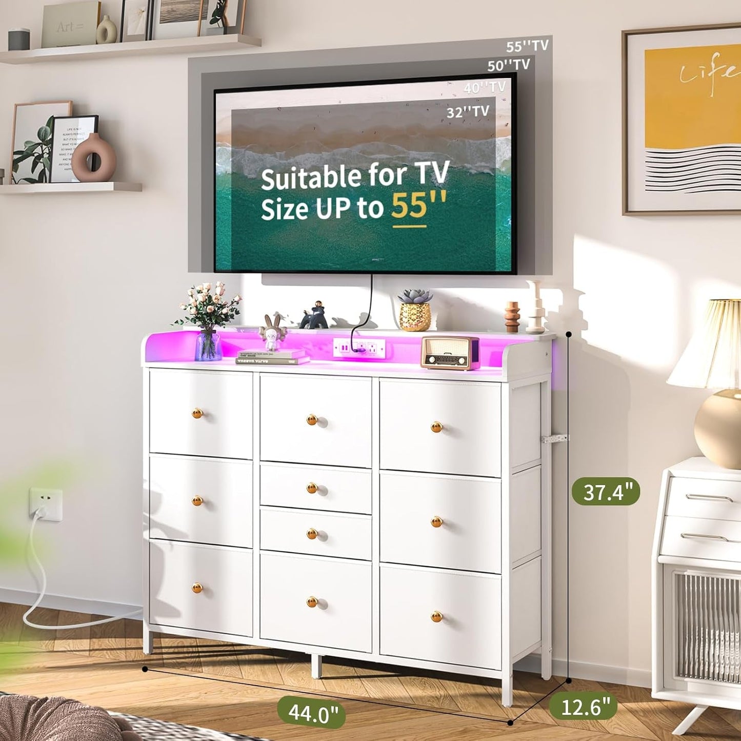 Dresser for Bedroom with Charging Station and LED Lights, Tall Dresser TV Stand with 10 Storage Drawers,Fabric White Dressers & Chests of Drawers,Wood Dresser for Kids Bedroom Closet Organizer-2