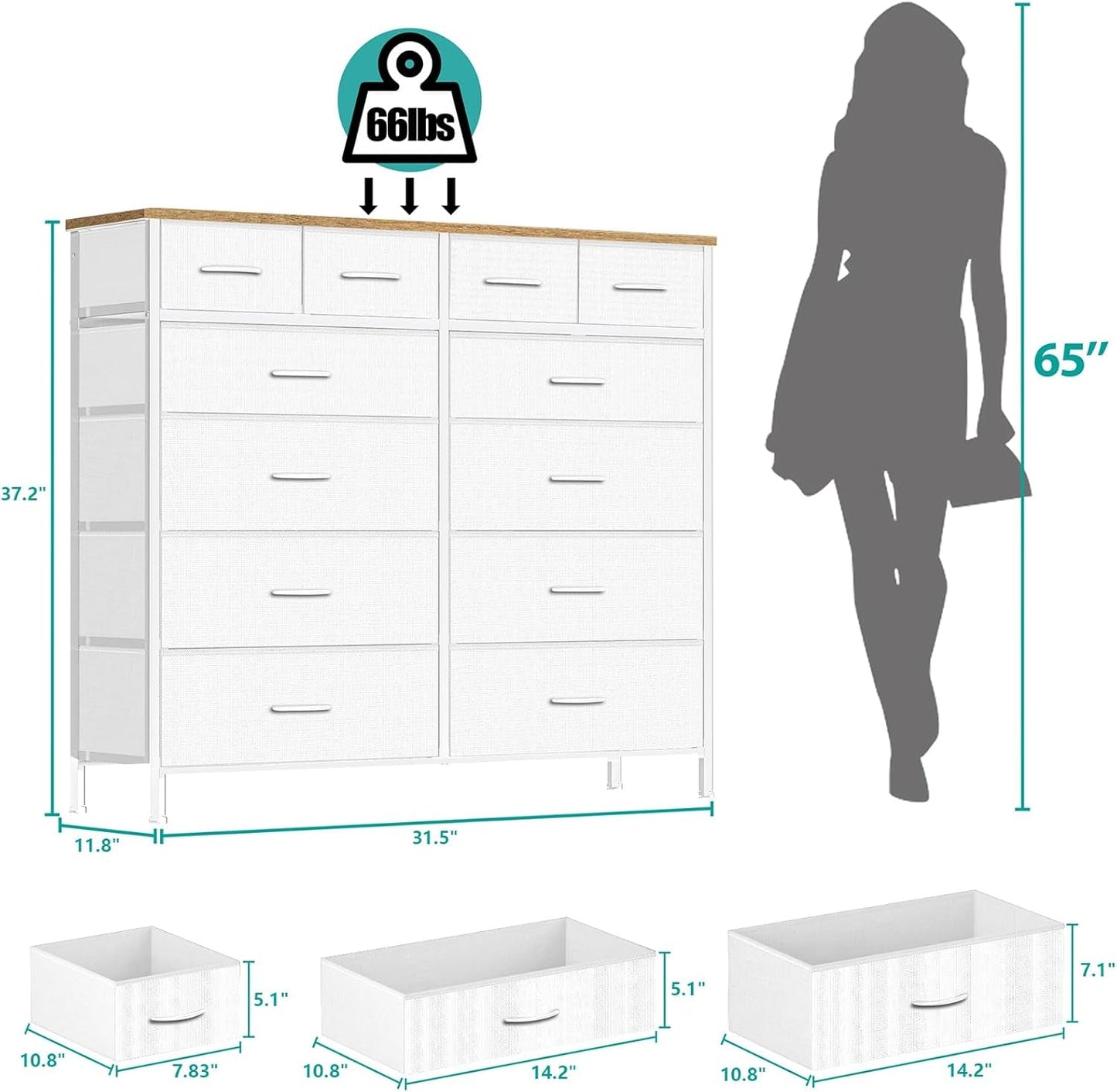 Compact 12 Drawers Dresser for Bedroom, Fabric Storage Tower, Chest of Drawers with Retro Wood Top for Closet, Nursery, Living Room-2