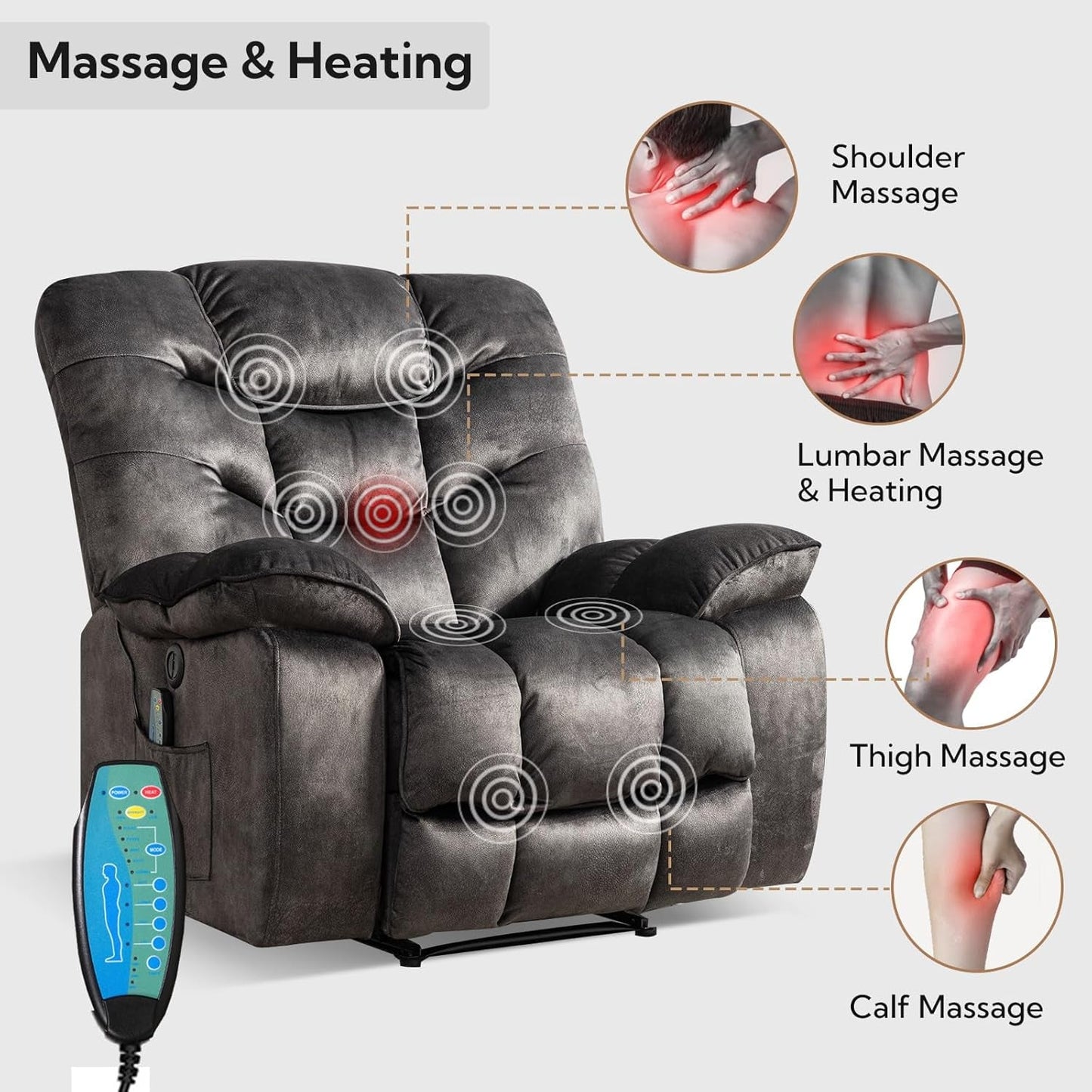 Oversized Power Recliner Chairs with Massage and Heat, 41" Wide Electric Reclining Chair with USB Port, Breathable Fabric Overstuffed Reclining Sofa for Living Room Bedroom (No Lift)-2