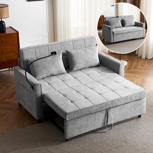 3 in 1 Convertible Sleeper Sofa Bed, Futon Couches for Living Room with USB Ports | Phone Holder| Reversible Backrest | Pull Out Couch |Small Loveseat,Grey-0