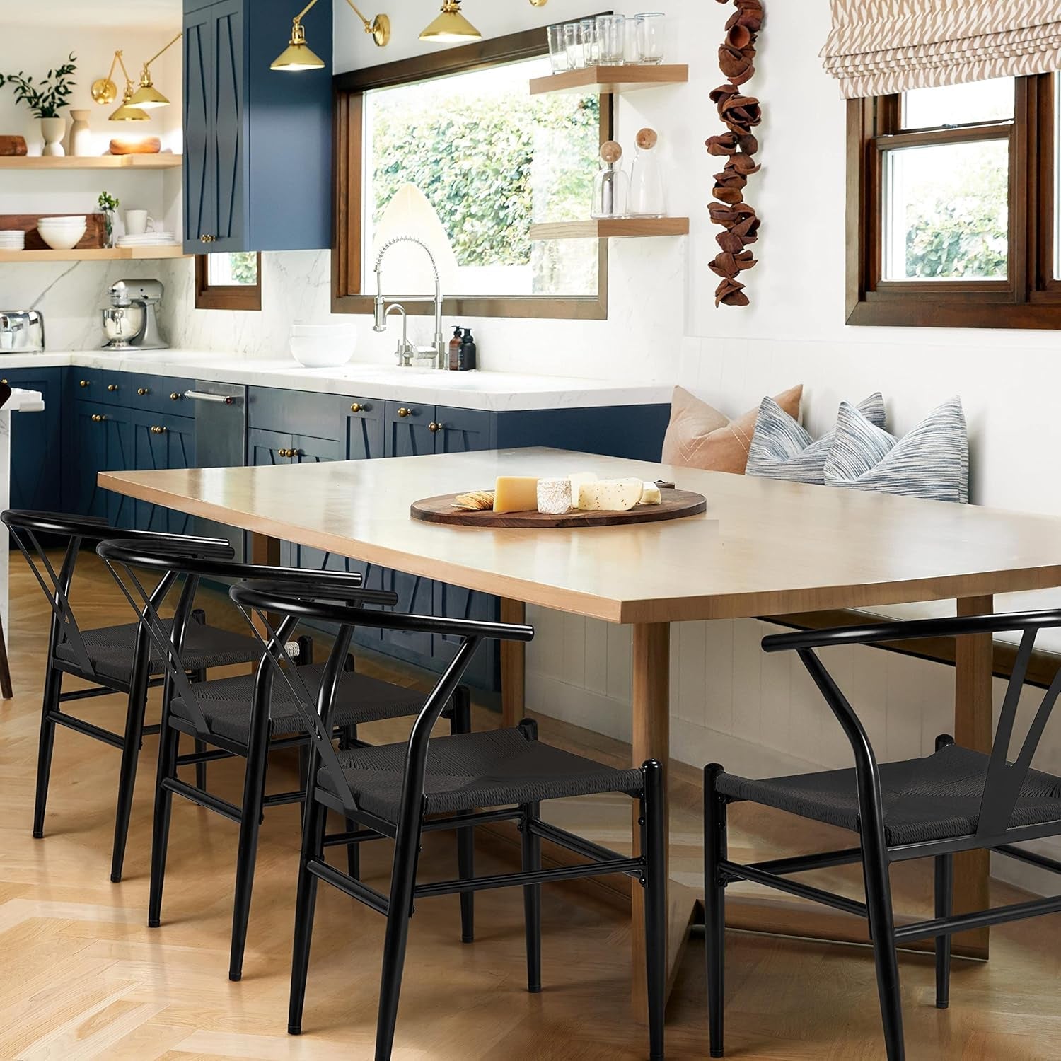 Weave Arm Chair Set of 2 Weave Modern Chair with Y-Shaped Backrest Mid-Century Metal Dining Chair with Solid Metal Frame, (Full Black, Large)-1