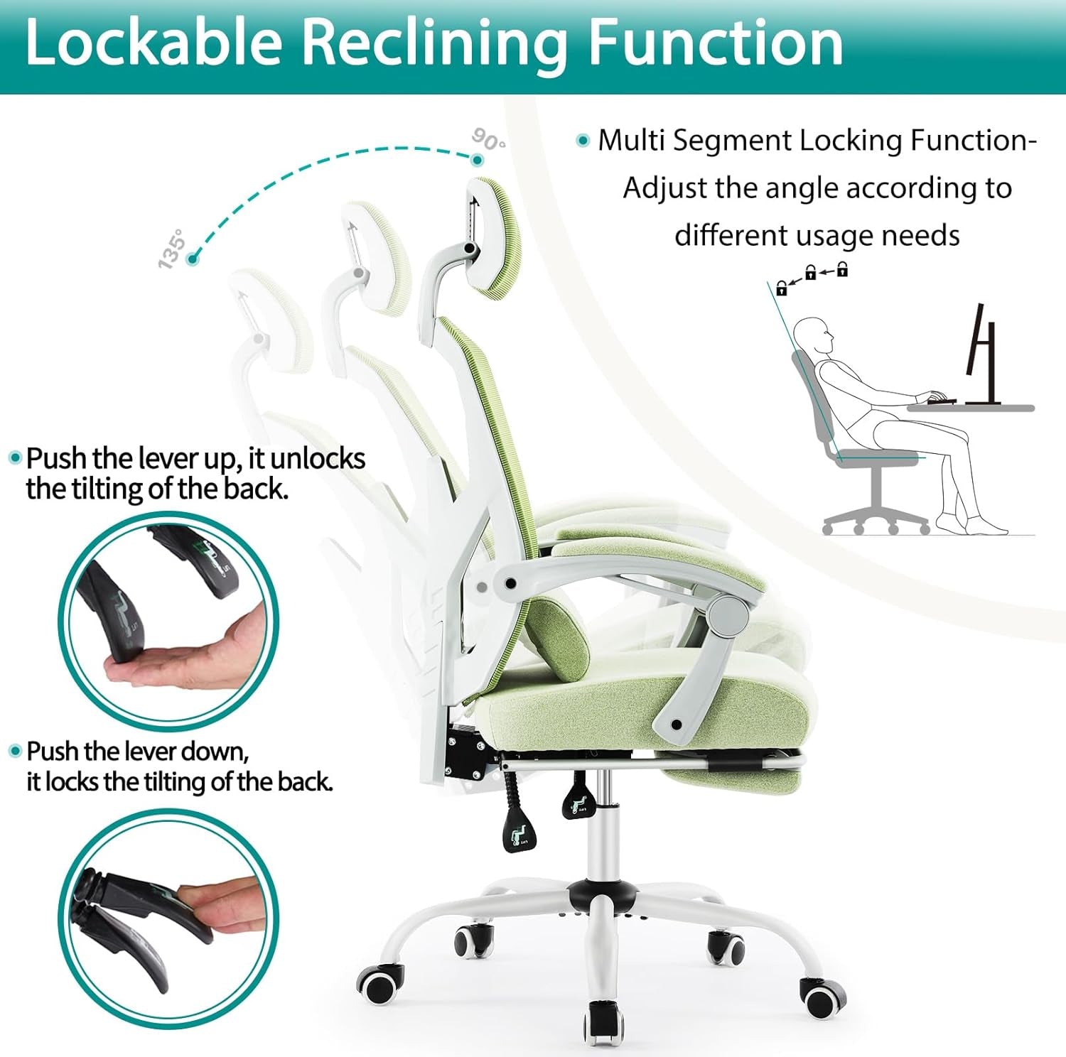 Home Office Desk Chair with Footrest, High-Back Mesh Rolling Swivel Reclining Chairs with Wheels, Comfortable Headrest, Lumbar Support, Comfy Arms for Home, Office, Gaming, Student, Green-4