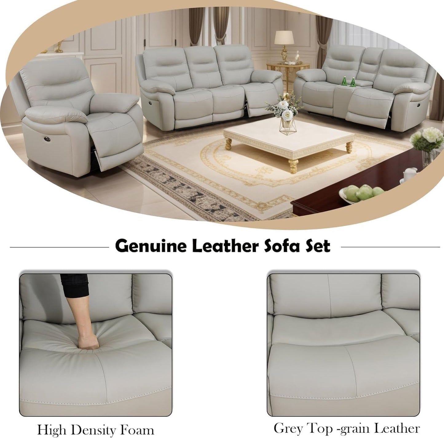Genuine Leather Recliner Couch Set, Living Room Furiture Set,Power Reclining Sofa Set, Top Grain Leather Sofa with Built in USB Port for Living Room(Light Grey) (Sofa+Loveseat)-3