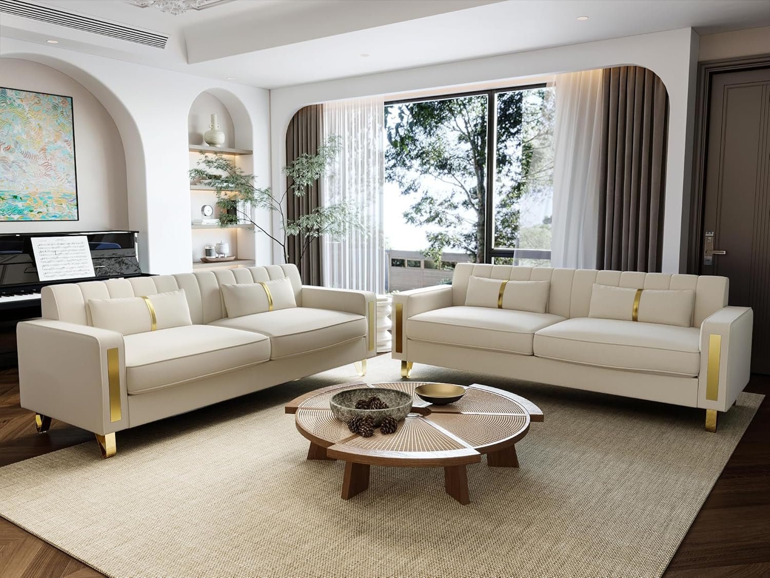 2-Piece Loveseat Couch Set for Living Room, 86" Beige Velvet Sofa Couch with 4 Pillows & Gold Metal Legs, Modern Upholstered Sofa Set Love Seat Sectional Couches for Apartment Home Office-0