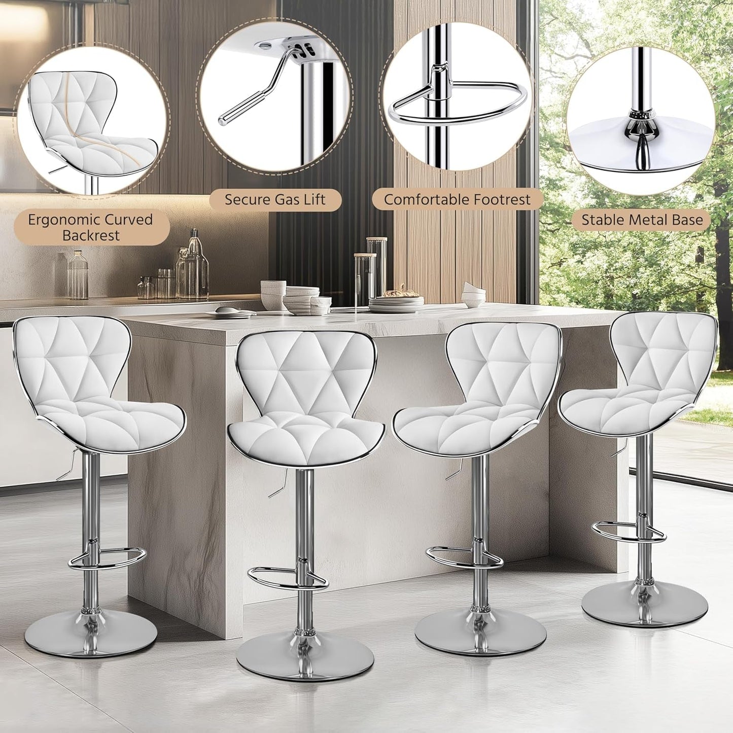 Bar Stools Set of 2, Island Chairs Shell Back, PU Leather Adjustable Barstools, Swivel Bar Chairs with Footrest for Home Kitchen, White-3