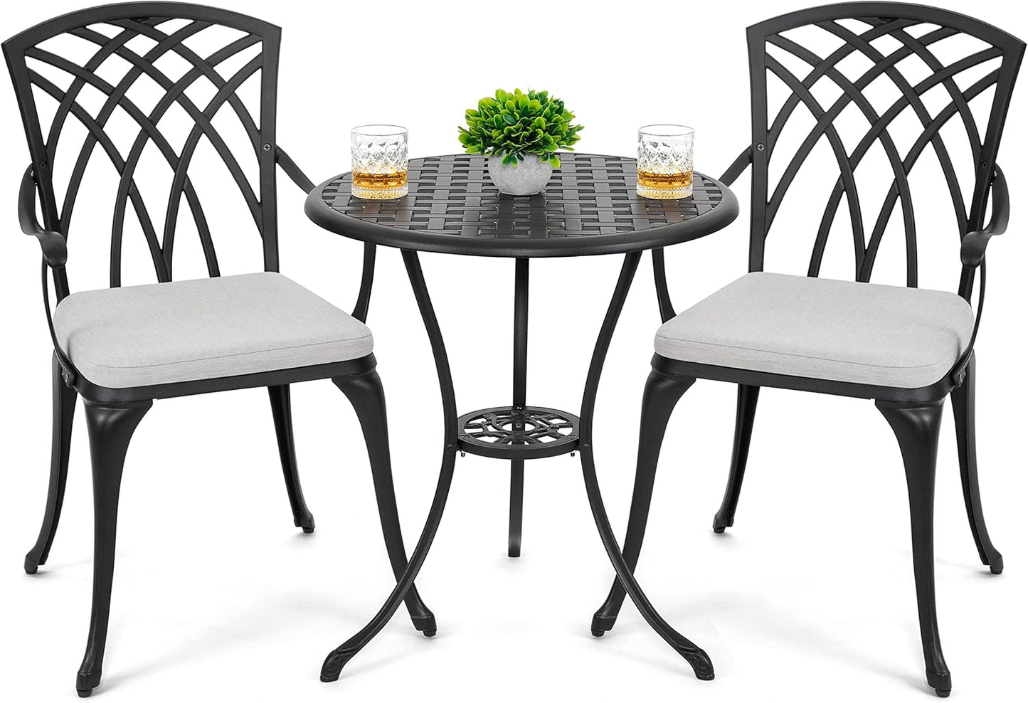 Bistro Set 3 Piece Outdoor Cast Aluminum Patio Bistro Set Patio Table and Chairs Set of 2 with Umbrella Hole and Gray Cushions, Black-0