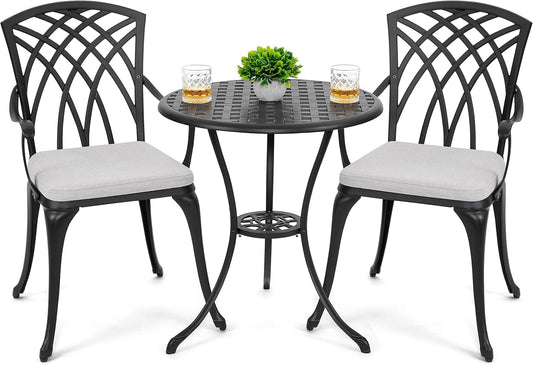 Bistro Set 3 Piece Outdoor Cast Aluminum Patio Bistro Set Patio Table and Chairs Set of 2 with Umbrella Hole and Gray Cushions, Black-0