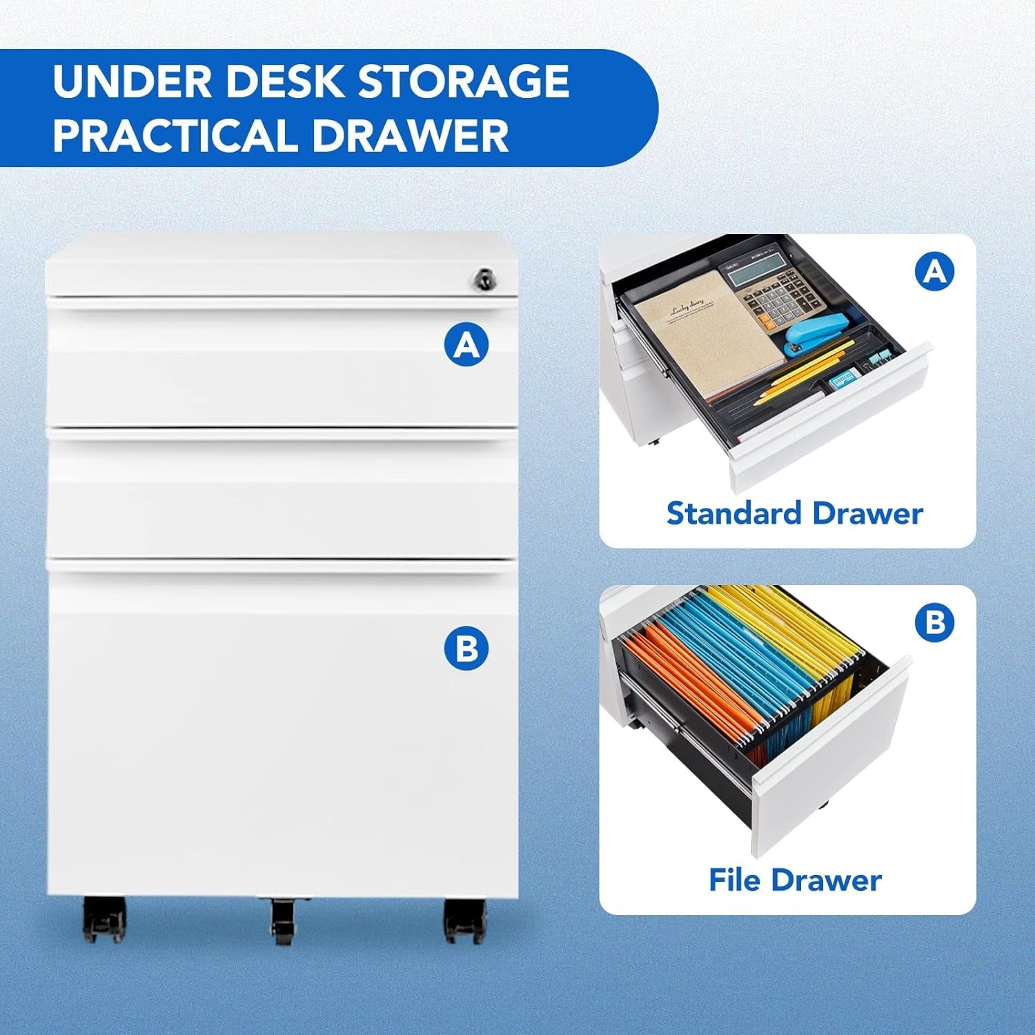 3 Drawer Mobile File Cabinet for Home Office under Desk Storage, Filing Cabinet with Lock Keys, File Organizer Cabinet for Legal/Letter/A4 File, White-4