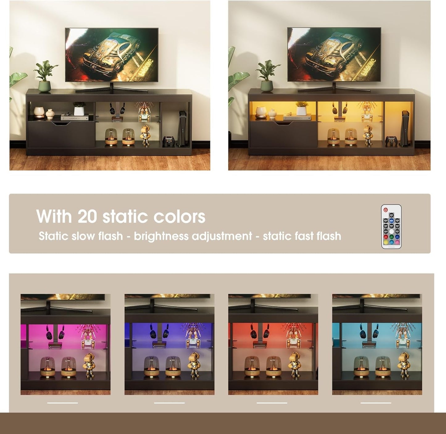 TV Stand, Entertainment Center LED Gaming TV Stand for 65+ Inch TV Carbon Fiber Top, Dynamic RGB Modes TV Cabinet Console with Adjustable Glass Shelves Storage Drawers (Black)-2