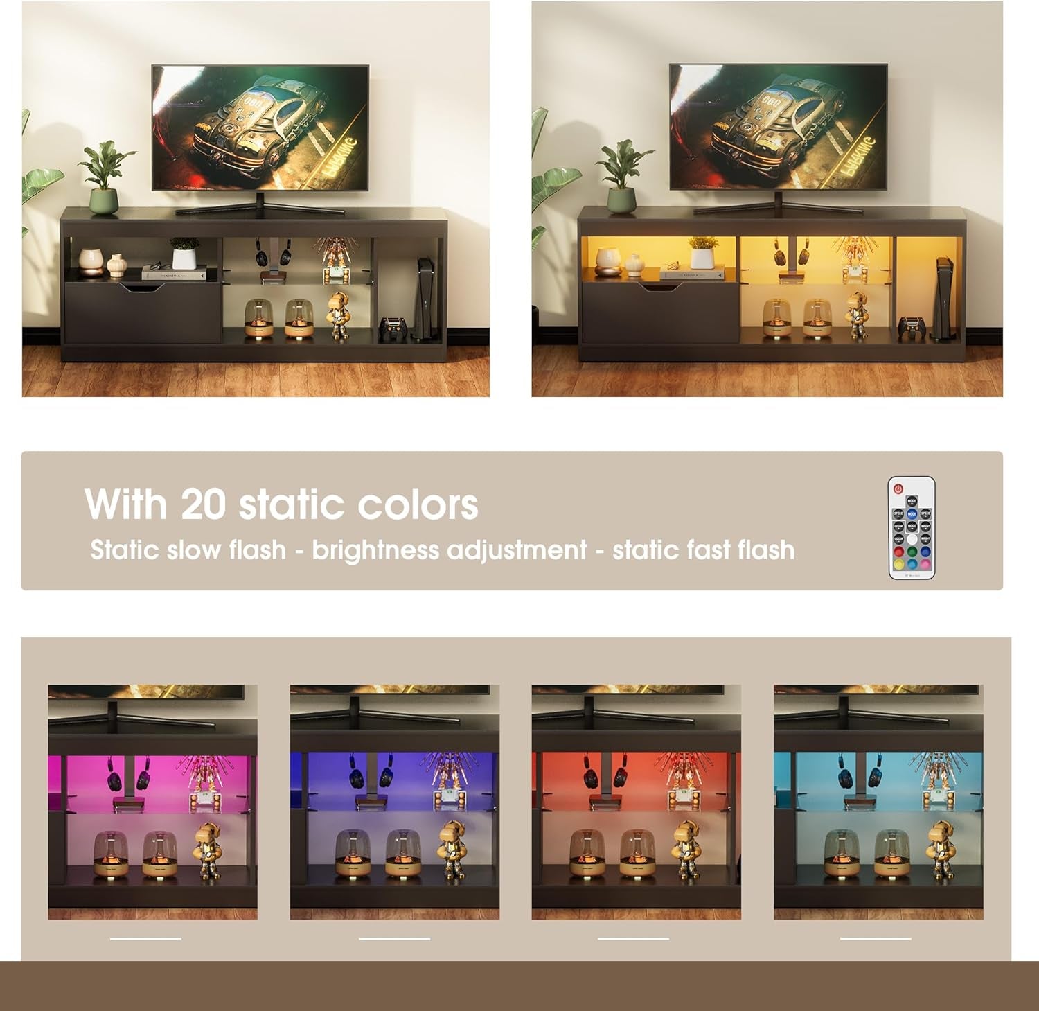 TV Stand, Entertainment Center LED Gaming TV Stand for 65+ Inch TV Carbon Fiber Top, Dynamic RGB Modes TV Cabinet Console with Adjustable Glass Shelves Storage Drawers (Black)-2