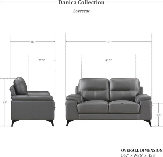 Danica Top Grain Leather 2-Piece Living Room Sofa Set, Dark Gray-1