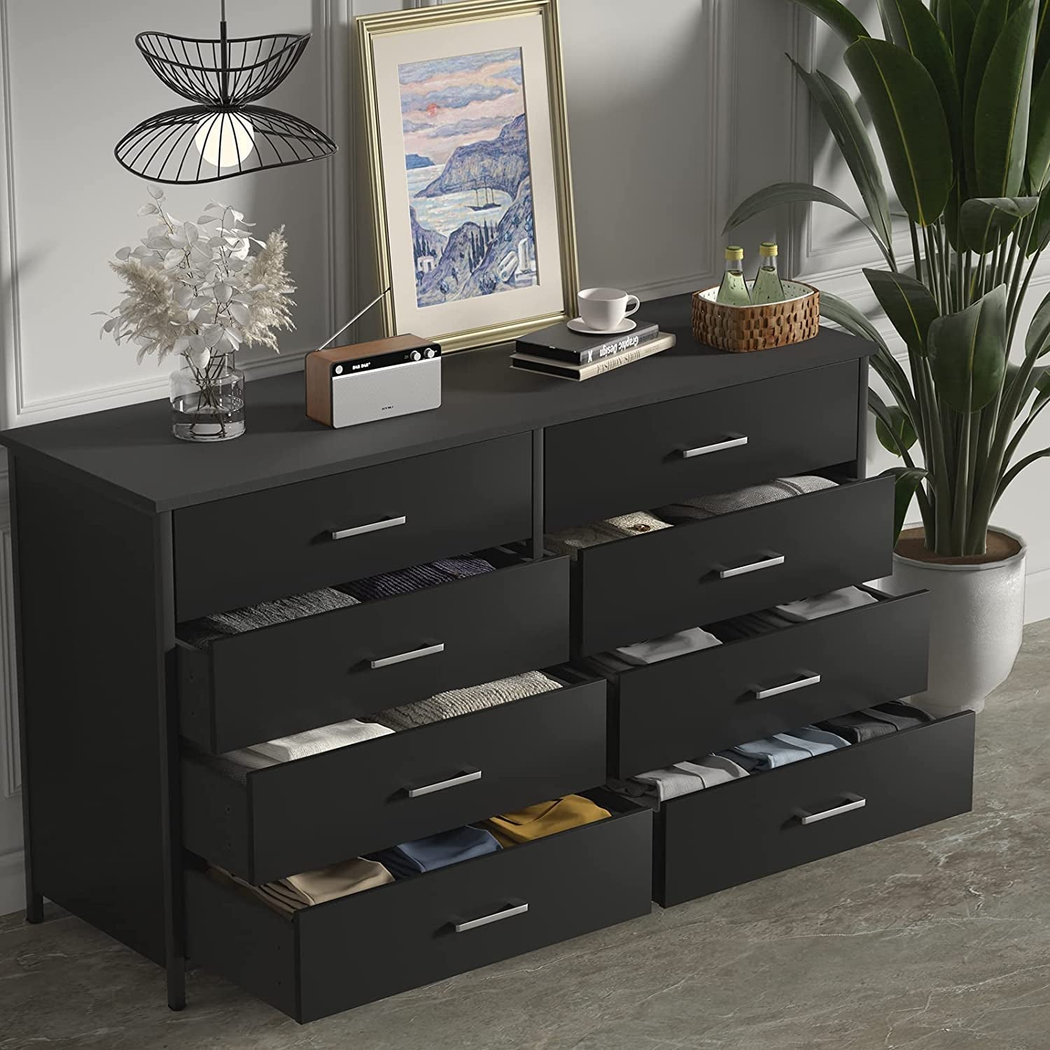 Black Wood 8-Drawer Double Dresser with Steel Frame-3