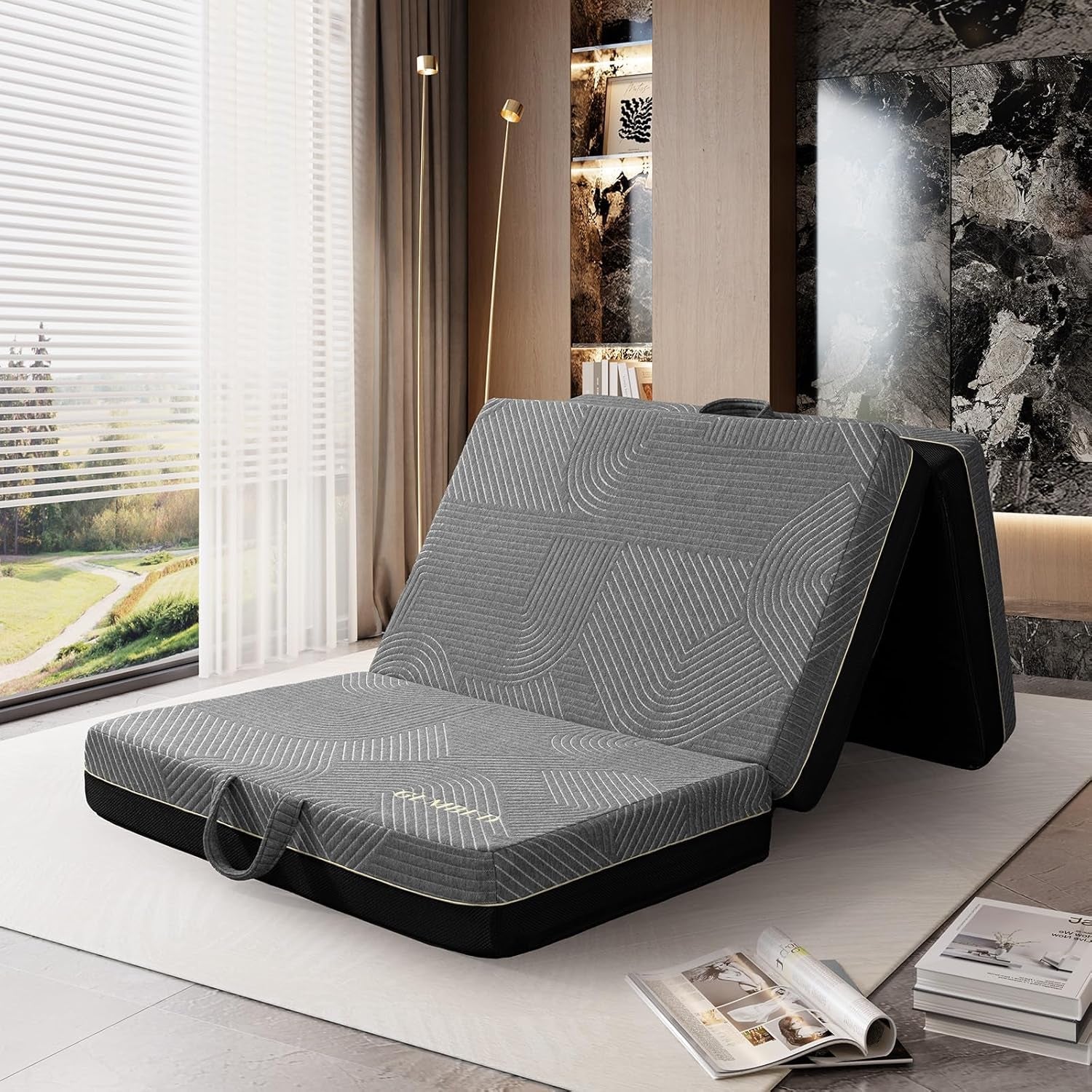 Tri Folding Mattress Twin Size - Memory Foam Tri-Fold Mattress, Handle & Non-Slip Bottom, Portable Foldable Sofa Bed Floor Mattress Chair for Travel RV Camping Guest Yoga - 6 Inch, 75"X38"X6"-0
