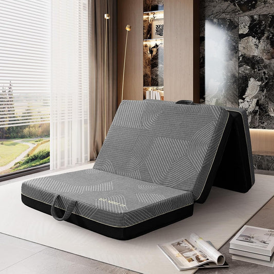 Tri Folding Mattress Twin Size - Memory Foam Tri-Fold Mattress, Handle & Non-Slip Bottom, Portable Foldable Sofa Bed Floor Mattress Chair for Travel RV Camping Guest Yoga - 6 Inch, 75"X38"X6"-0
