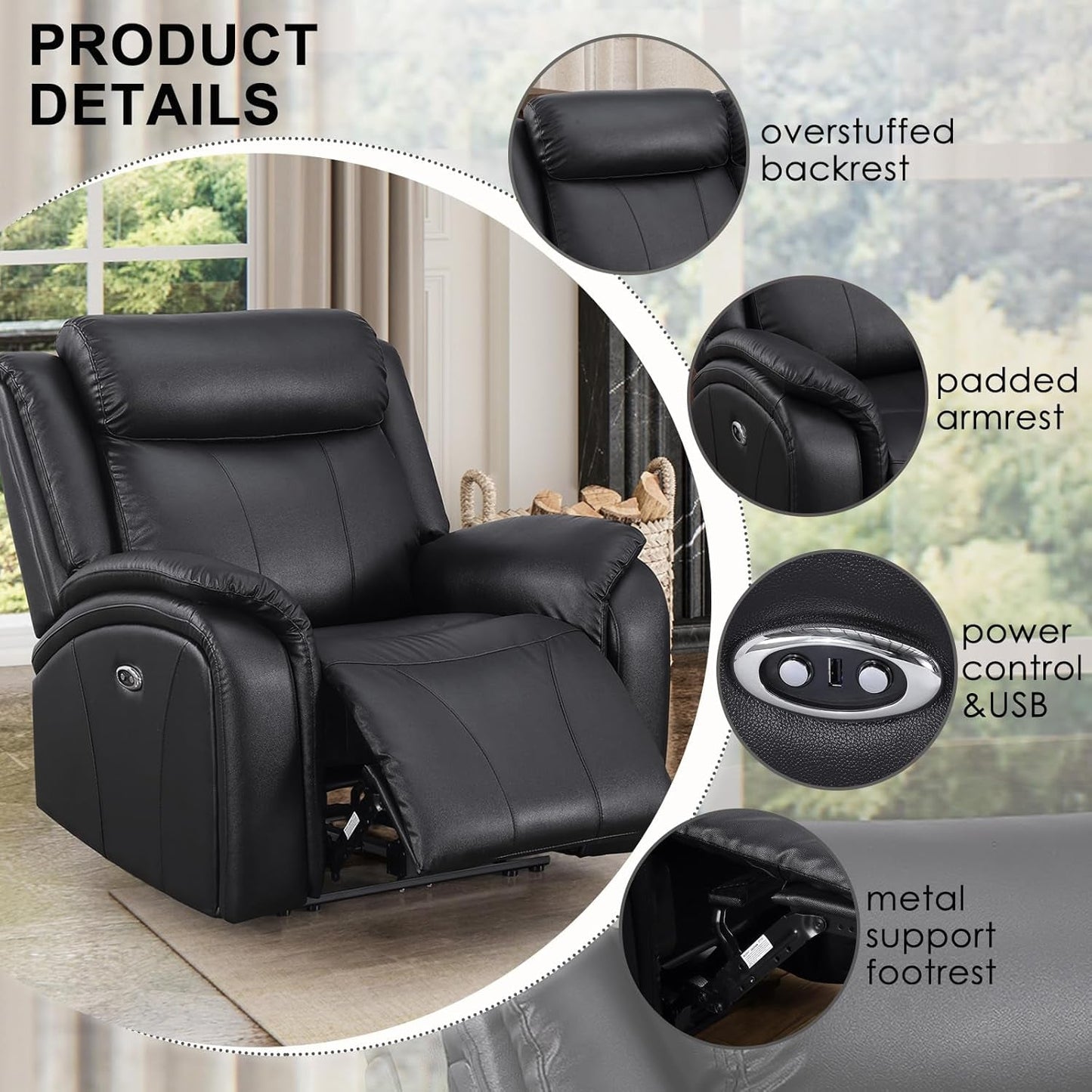 Power Recliner Sofa Set, 3 Piece Reclining Sofa for Living Room, PU Leather Home Theater Seating Recliner Couch Set with Storage and Cup Holders (Black)-2