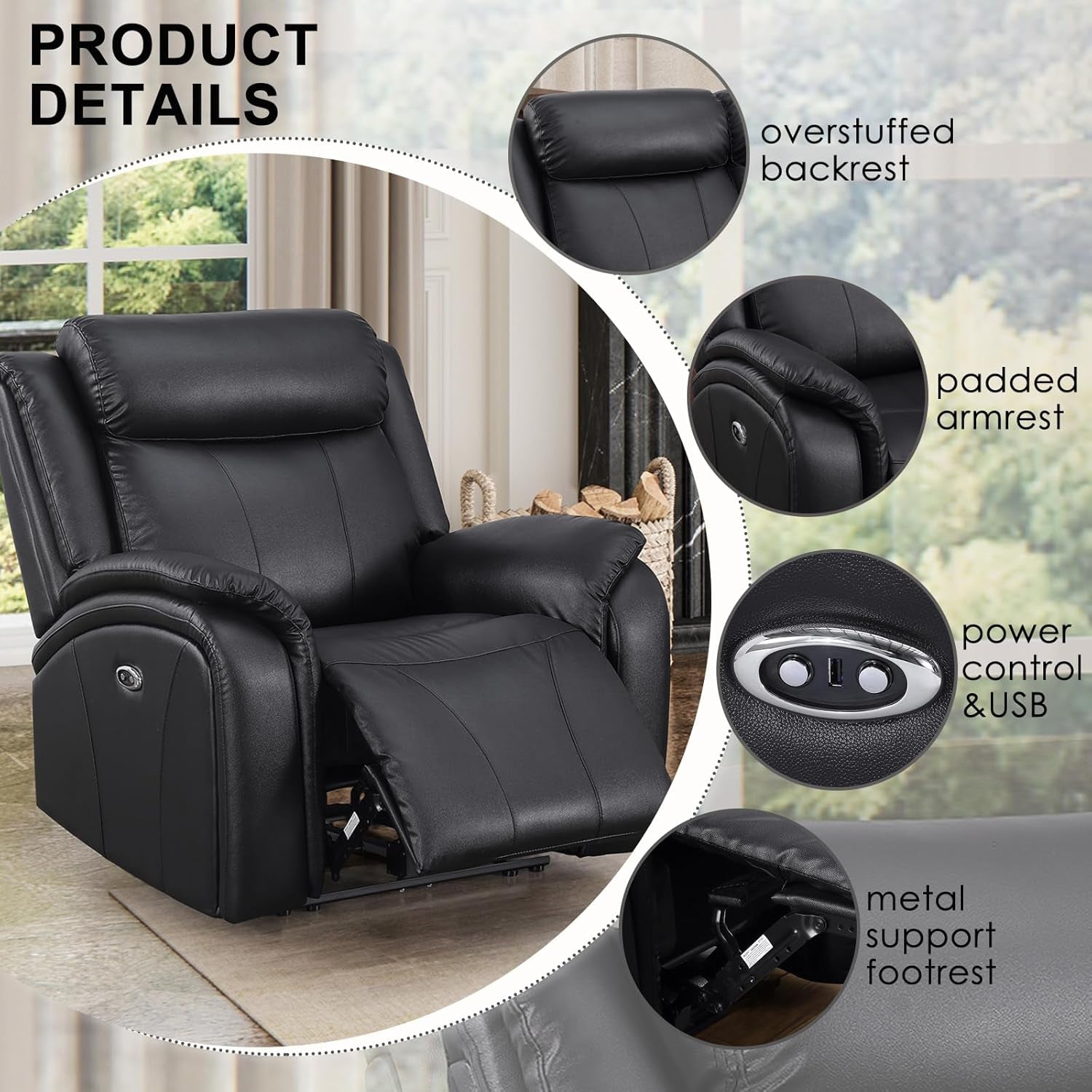 Power Recliner Sofa Set, 3 Piece Reclining Sofa for Living Room, PU Leather Home Theater Seating Recliner Couch Set with Storage and Cup Holders (Black)-2