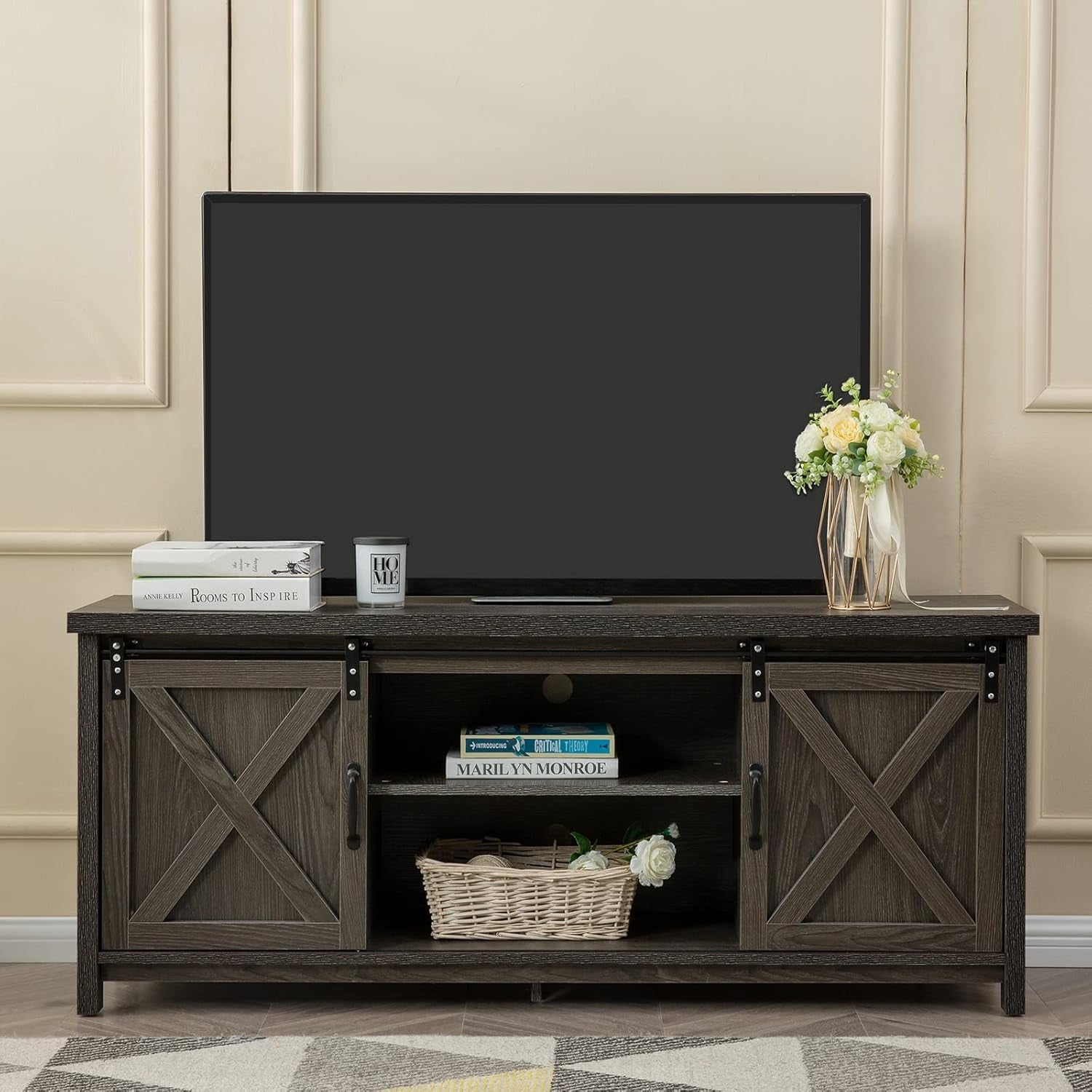 Modern Farmhouse TV Stand with Sliding Barn Doors, Media Entertainment Center Console Table for Tvs up to 65”,2-Tier Large Storage Cabinets,Rustic TV Stand for Living Room Bedroom,Dark Grey-1