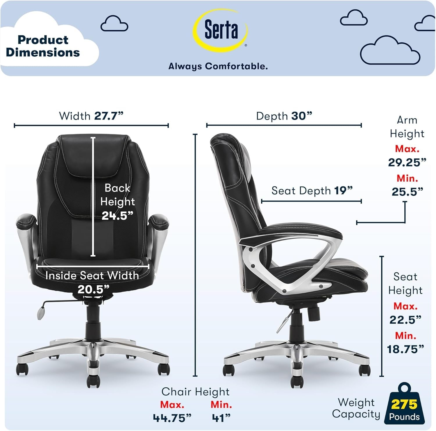 Amplify Executive Office Padded Arms, Adjustable Ergonomic Gaming Desk Chair with Lumbar Support, Faux Leather and Mesh, Black-2