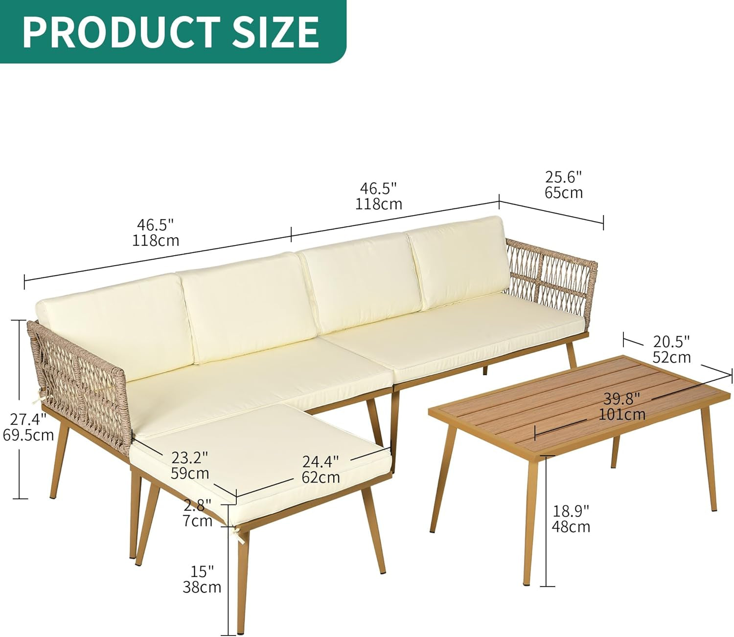 4 Pieces Patio Furniture Set, Outdoor Rattan Woven Conversation Sectional L-Shaped Sofa for Backyard, Porch, Boho Detachable Lounger with Cushions and Side Table - Beige-1