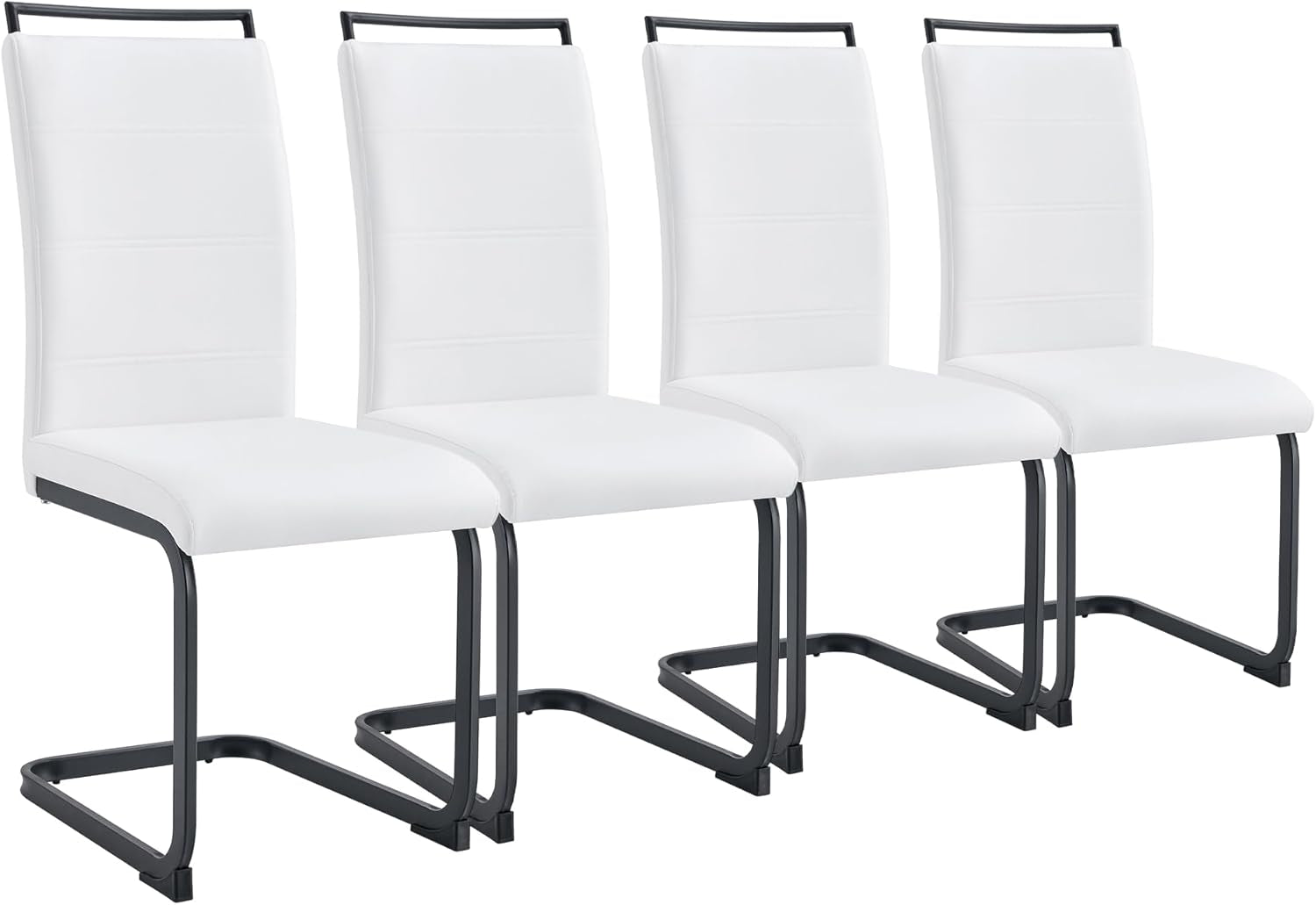 Modern Dining Chairs Set of 4, PU Faux Leather High Back Upholstered Dining Room Side Chair with Horizontal Stripe Backrest Design for Kitchen Living Room Dinner Chairs, White with Black Legs-0