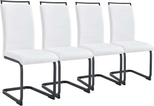 Modern Dining Chairs Set of 4, PU Faux Leather High Back Upholstered Dining Room Side Chair with Horizontal Stripe Backrest Design for Kitchen Living Room Dinner Chairs, White with Black Legs-0