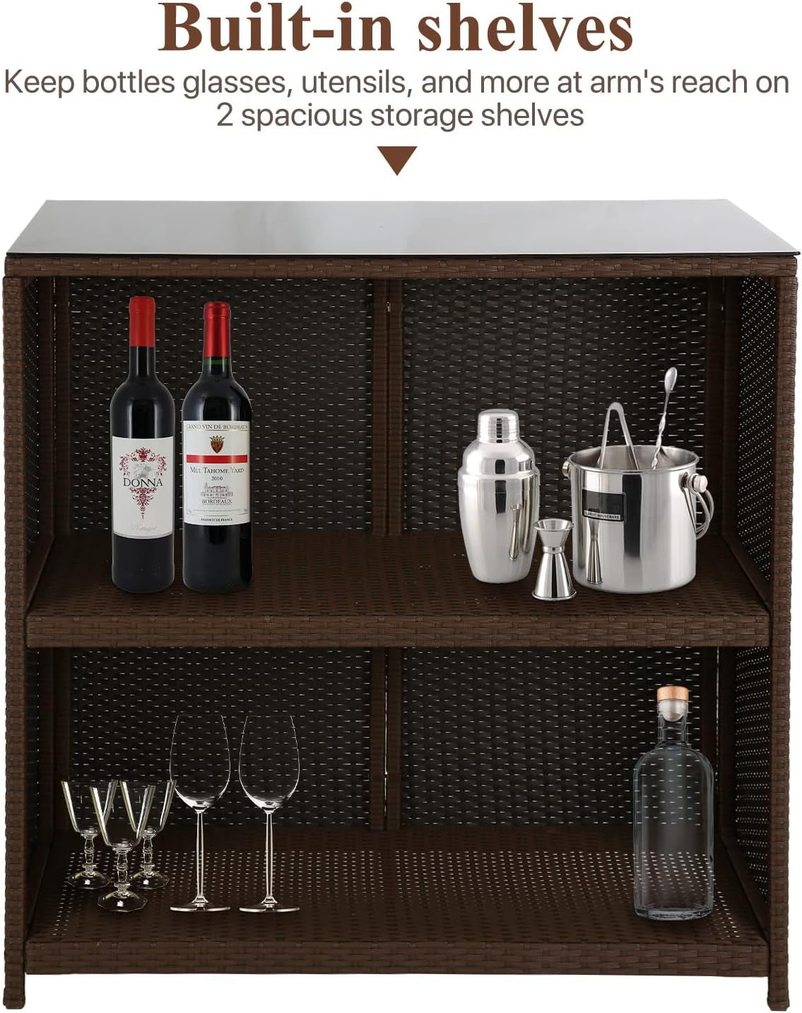 3-Piece Patio Bar Set Outdoor Wicker Bar Set All-Weather Rattan Bar Table Set Outdoor Furniture Set W/2 Stools, Glass Top Table and 2 Thick Cushion for Patios Backyards Porches Gardens Poolside, Red-4