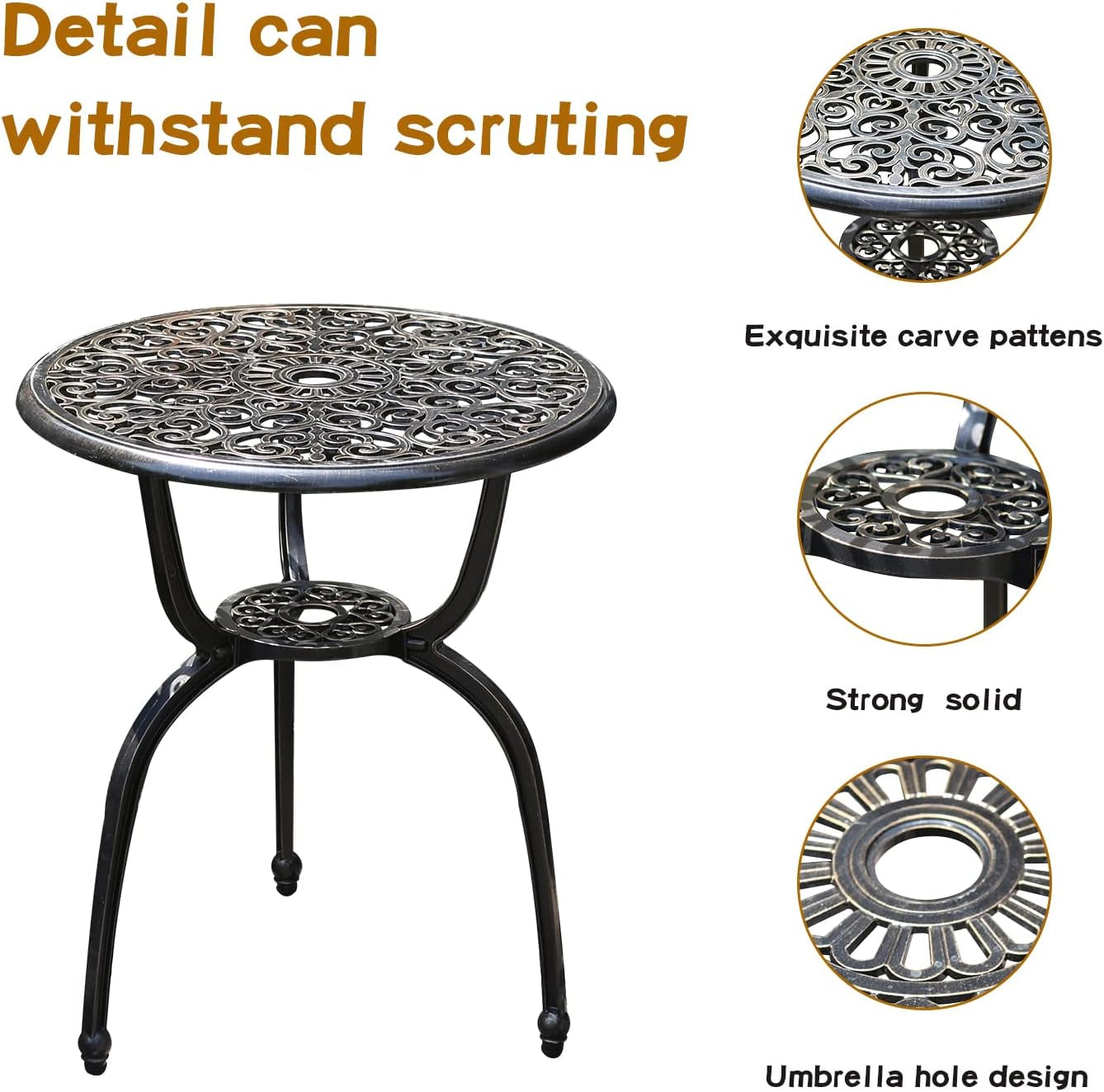 Patio Bistro Set.Rust-Resistant Cast Aluminum Bistro Table Set with Umbrella Hole for Backyard (Crown Copper)-4