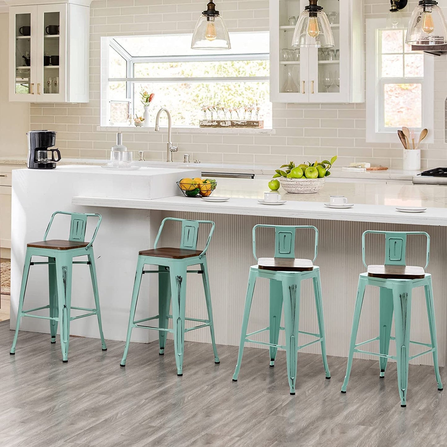 Blue Industrial Metal Swivel Barstools, Set of 4-1