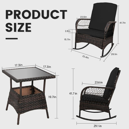 3 Pcs Rocking Bistro Set Conversation Chairs PE Wicker Outdoor Rocking Chairs(Rocking Set,Black)-1