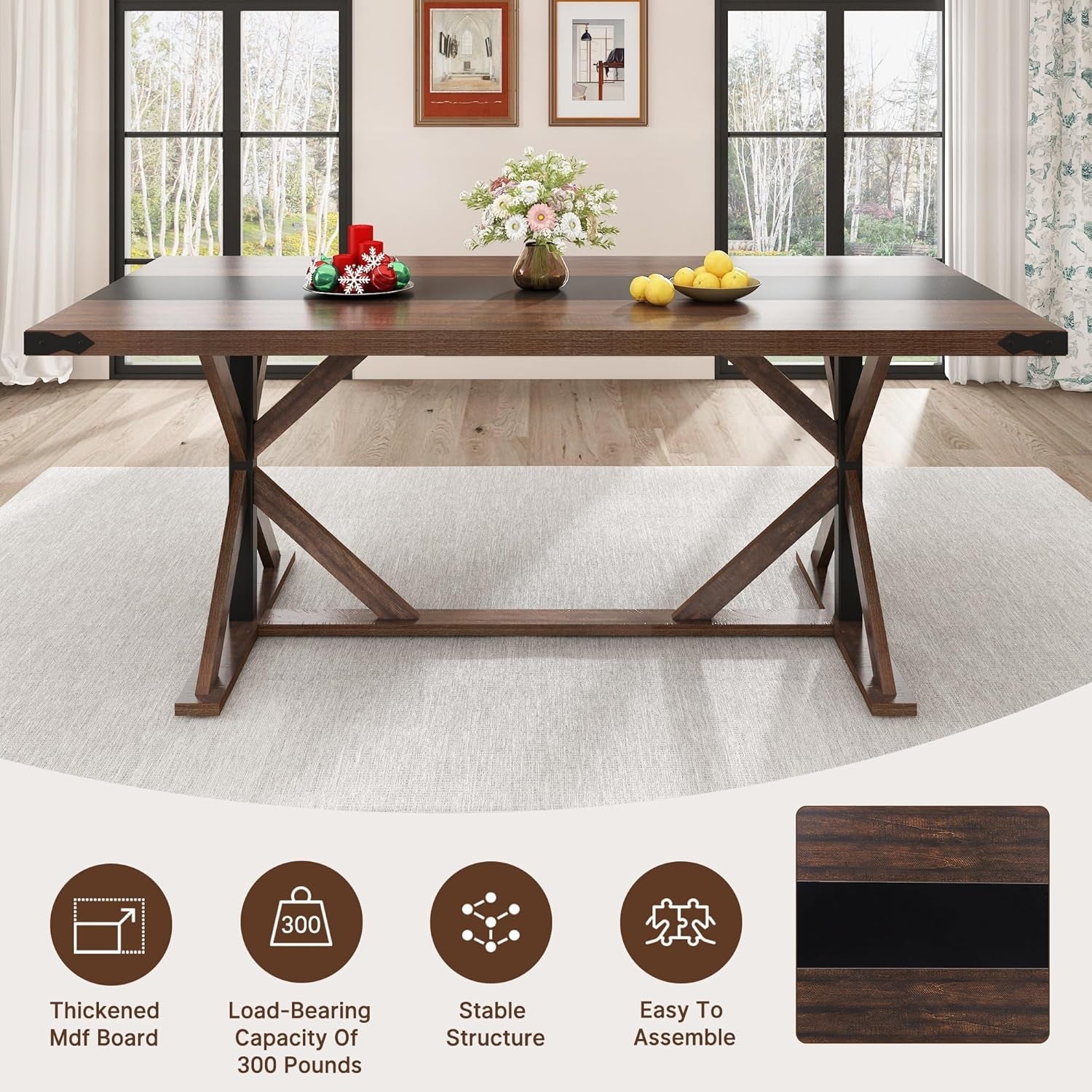 71" Farmhouse Dining Table for 5 6 8 People, Rectangular Kitchen Table W/Thickness Waterproof Wood Grain Tabletop (Brown, 71 X 35.4 X 30 In)-3