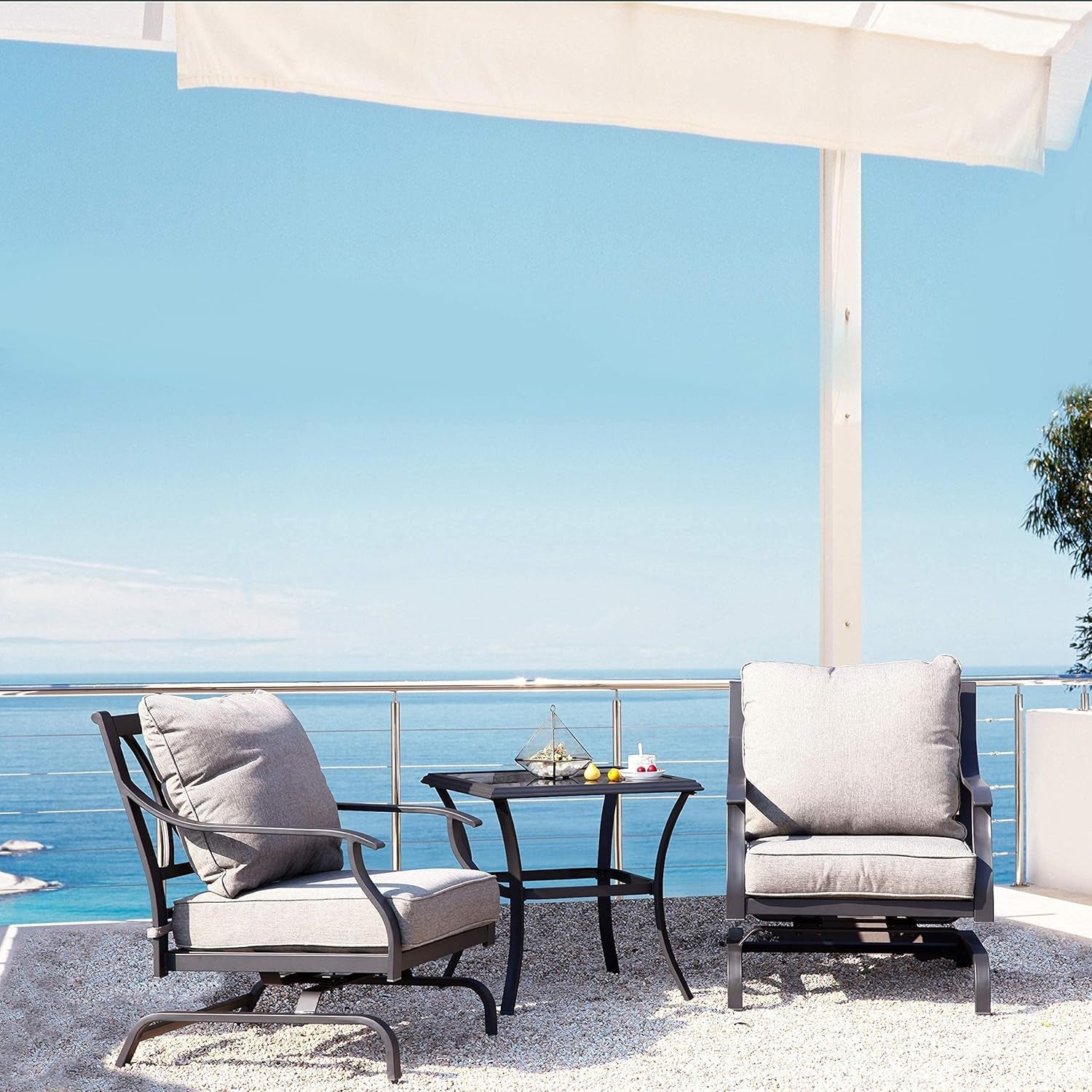 3-Piece Furniture Seating Motion Chairs Set Outdoor Bistro Set Patio Conversation Sets Glider Rocking Chair with Comfortable Gray Cushions Square Coffee Table for Garden Lawn & Poolside-3