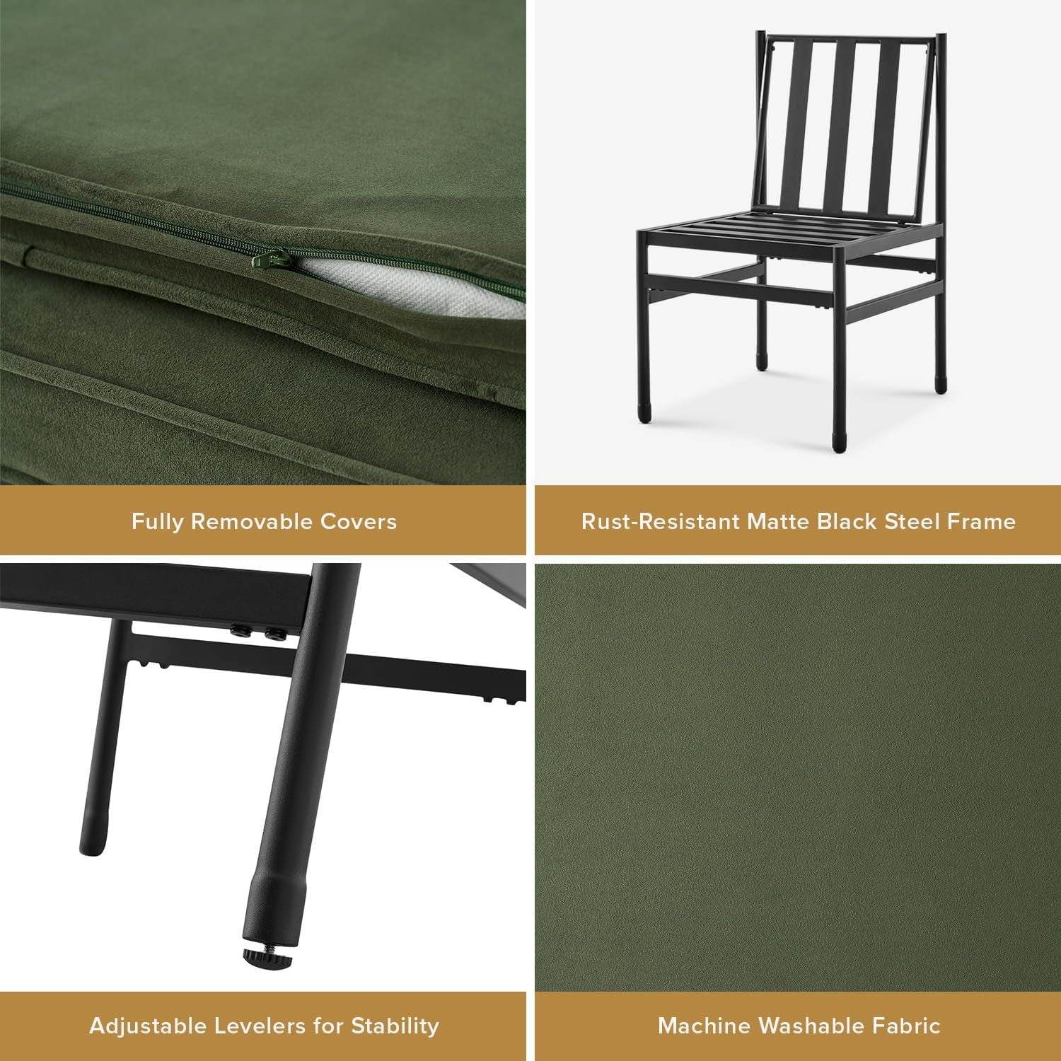 Odelia Dining Chairs, Kitchen Chairs, Dining Room Chairs, Black Dining Chairs, Sturdy Bifma-Certified Rust-Free Metal Frame and Removable Cushion Covers (2, Olive Green Velvet, One Size)-3