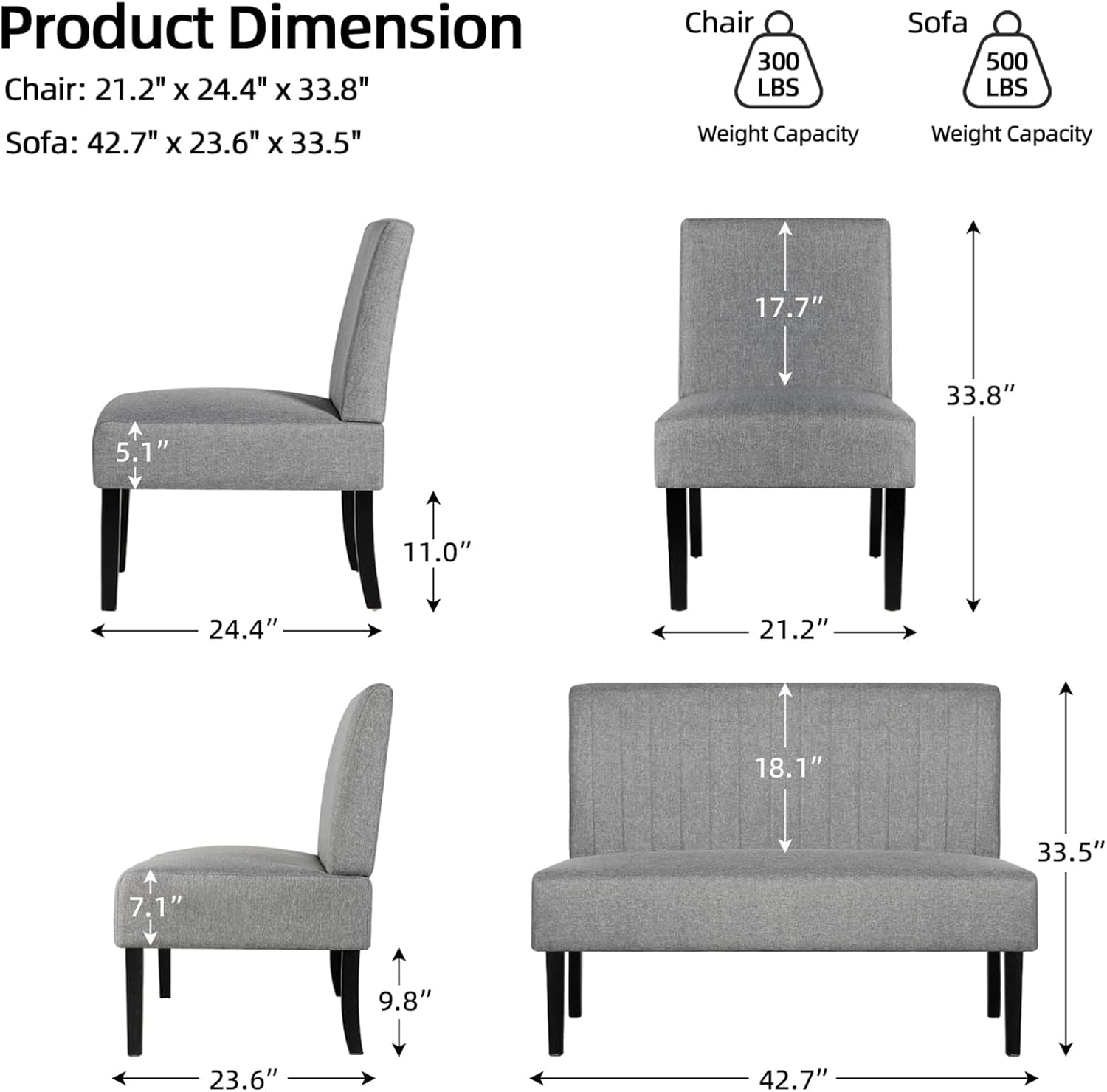 3 Piece Living Room Furniture Set with USB, Mini Small Comfy Couch for Bedroom, Accent Chairs and Loveseat Sofa Couch Set, Small Couches for Small Space, Apartment (Grey, 1+1+2(Armless))-2