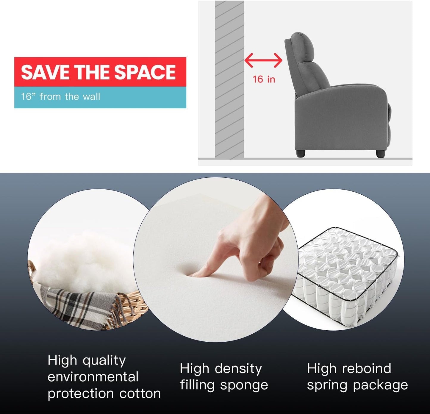 Recliner Chair Single Reclining Sofa Home Theater Seating with Lumbar Support and Padded Backrest for Living Room and Bedroom (Fabric, Grey)-3