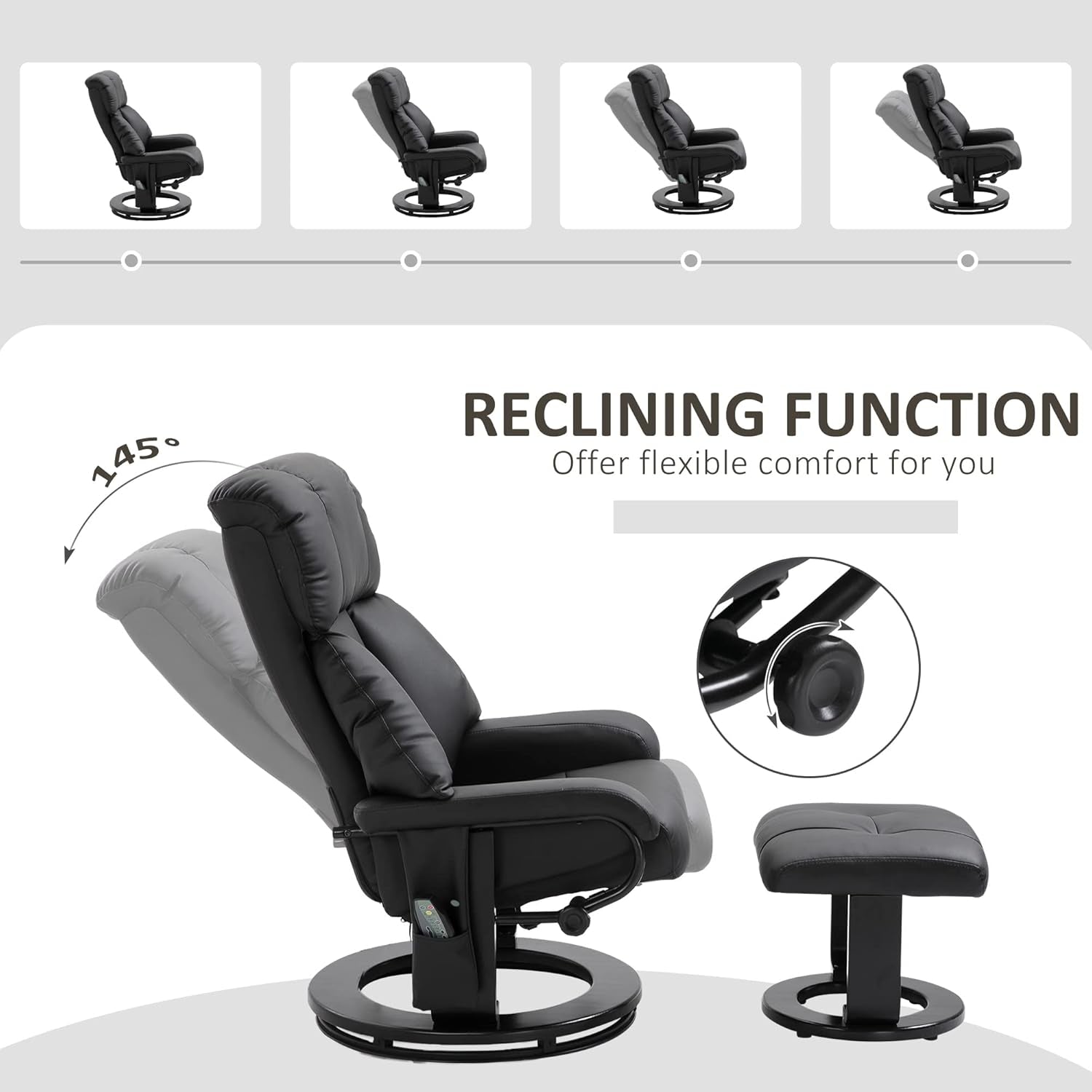 Massage Recliner Chair with Ottoman, 360° Swivel Recliner and Footstool, 10 Point Vibration, PU Leather Reclining Chair with Side Pocket and Remote Control, Black-4