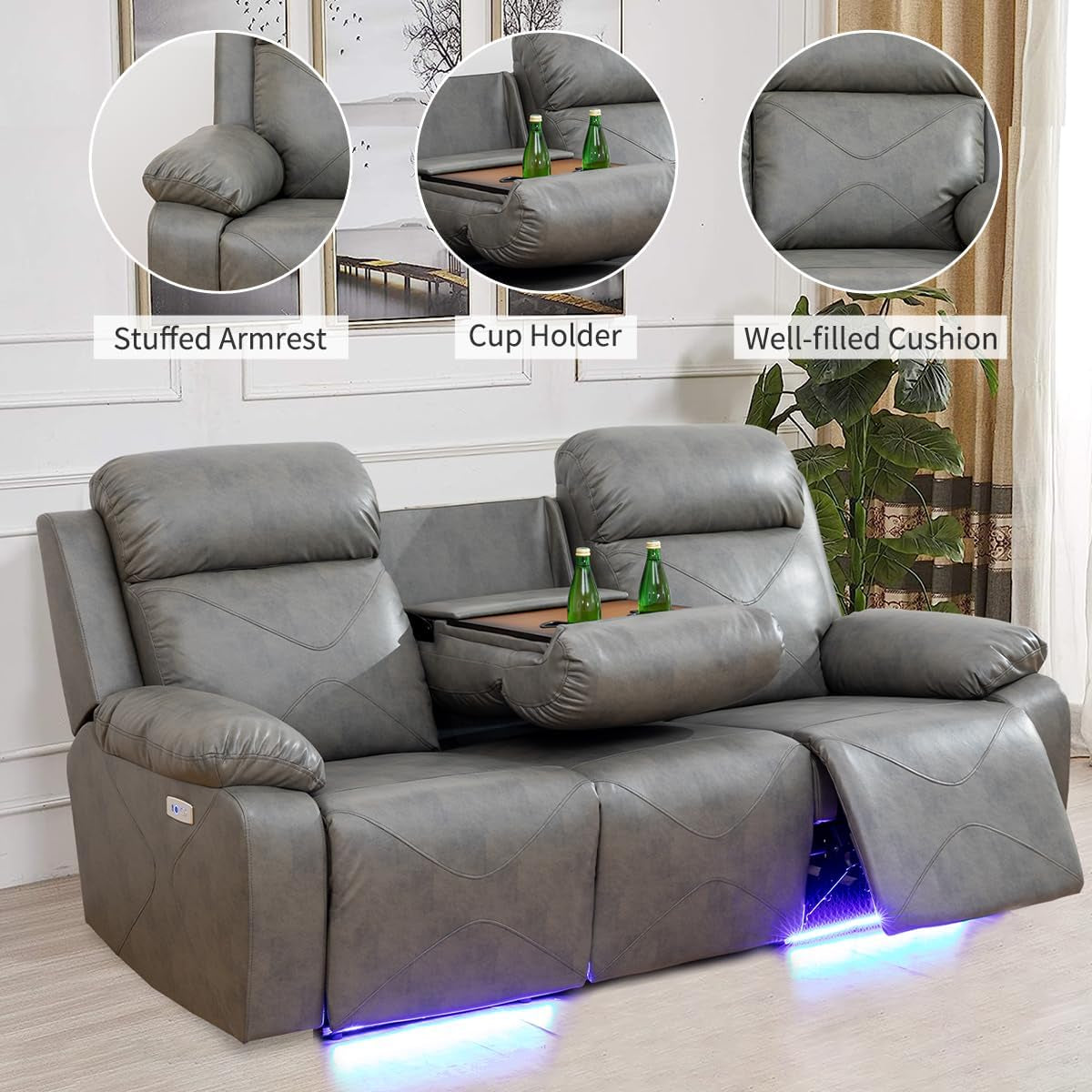 Power Recliner Sofa Set with LED Lights,Leather Living Room Furniture Set with USB Port/Storage Console/Cup Holders,Reclining Sofa Set for House/Home Theater(2 Pieces，Grey)-4